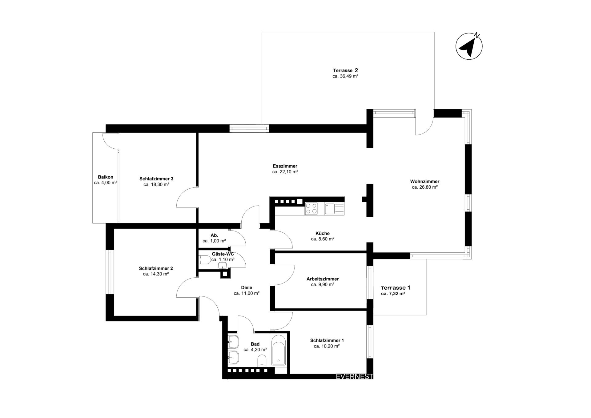 Grundriss einer Wohnung mit drei Schlafzimmern, Wohnzimmer, Küche, Bad, Balkon und zwei Terrassen.
