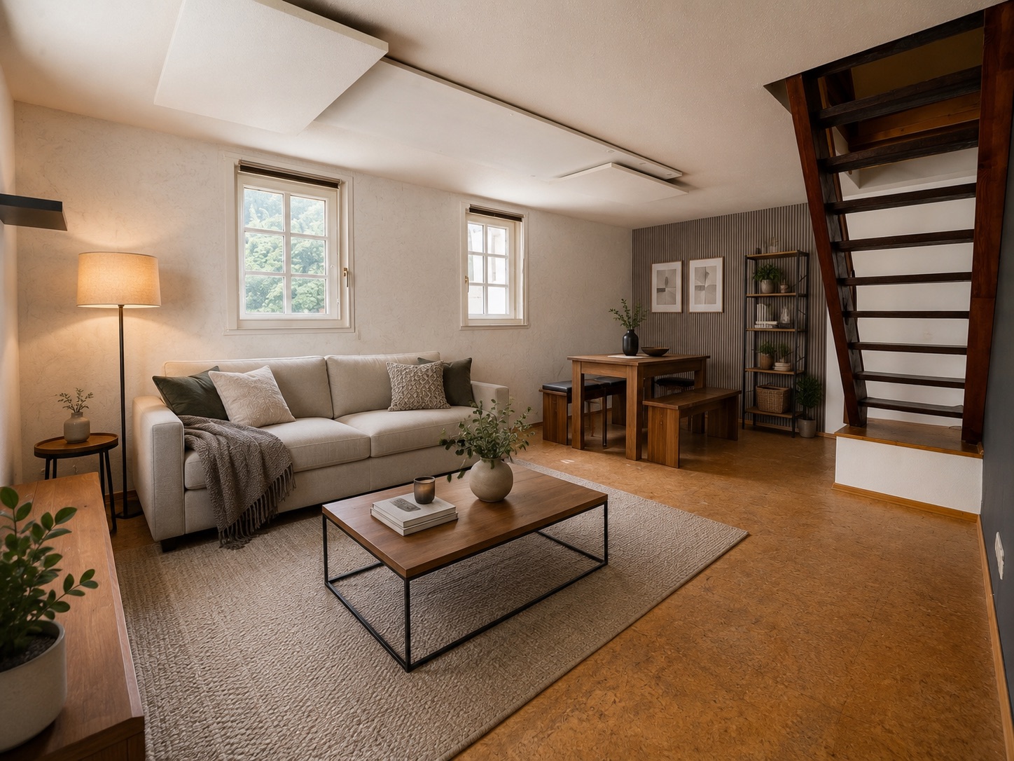 Modernes Wohnzimmer mit Sofa, Couchtisch, Esstisch und offener Holztreppe.