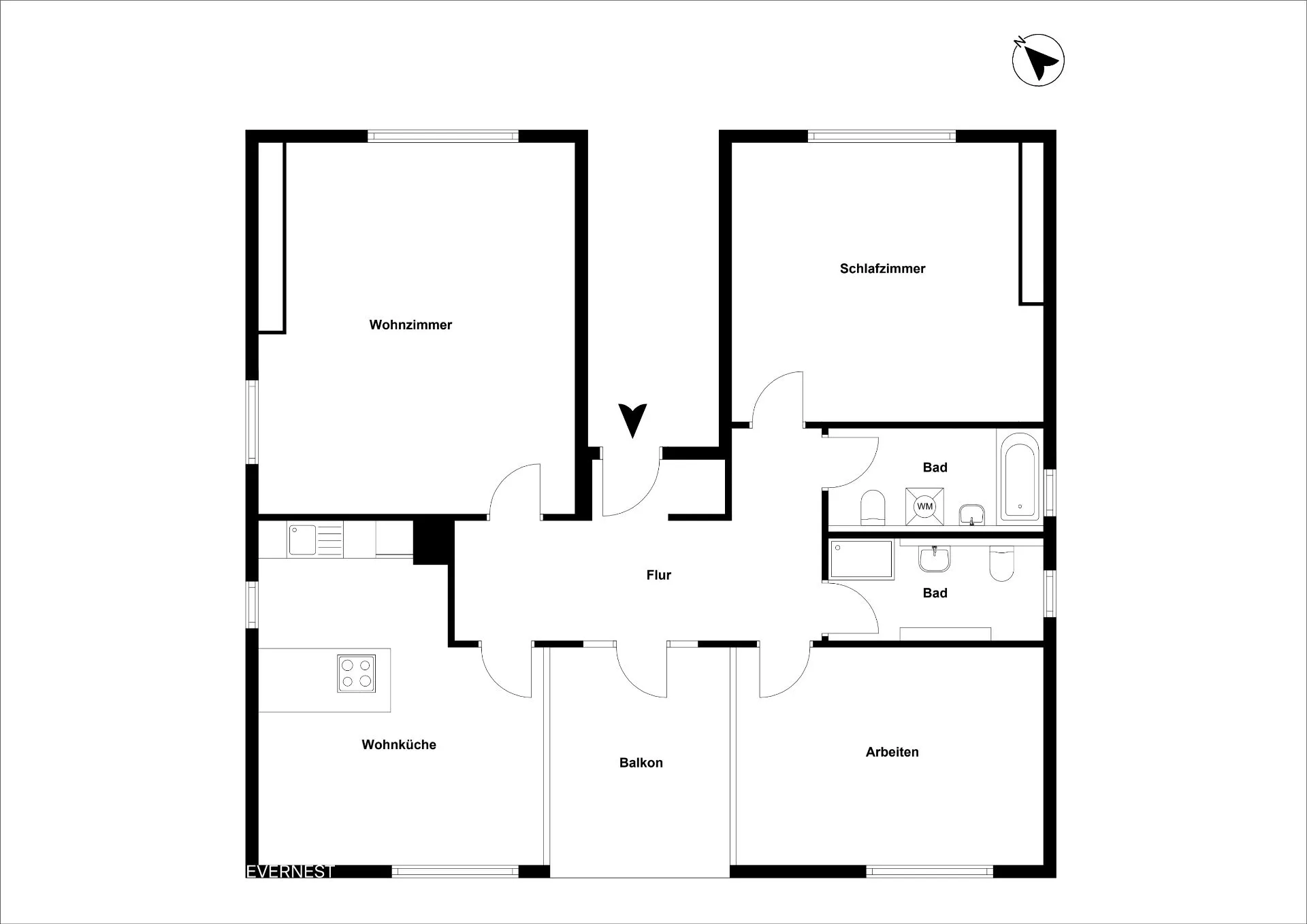 Grundriss einer Wohnung mit Wohnzimmer, Schlafzimmer, Wohnküche, Arbeitszimmer, Flur, Balkon und zwei Bädern.