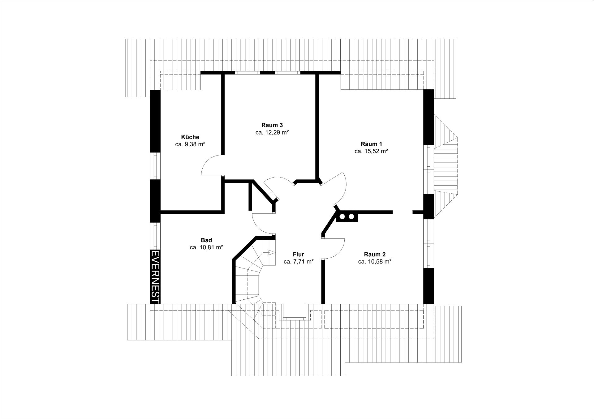 Grundriss mit Küche, Bad, Flur und drei Zimmern, Flächenangaben in Quadratmetern.