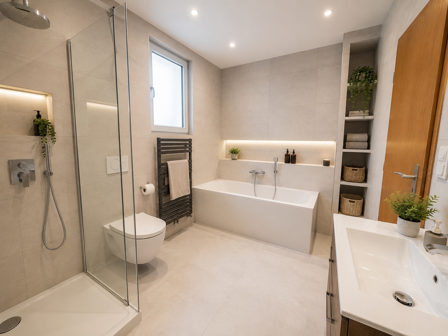 Modernes Badezimmer mit Dusche, Badewanne, WC, Waschtisch und Regalen mit Pflanzen.