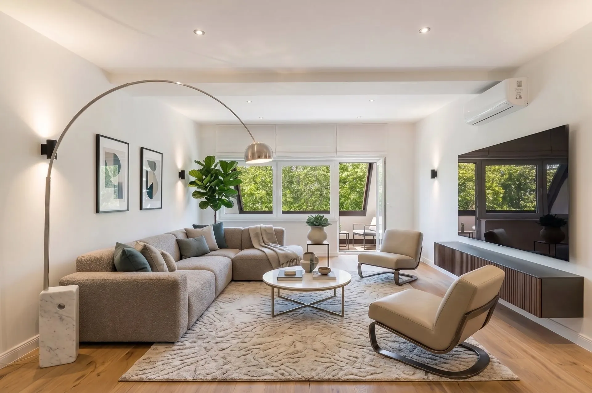 Modernes Wohnzimmer mit Sofa, zwei Sesseln, großem Fernseher, Teppich, Pflanze und großen Fenstern.