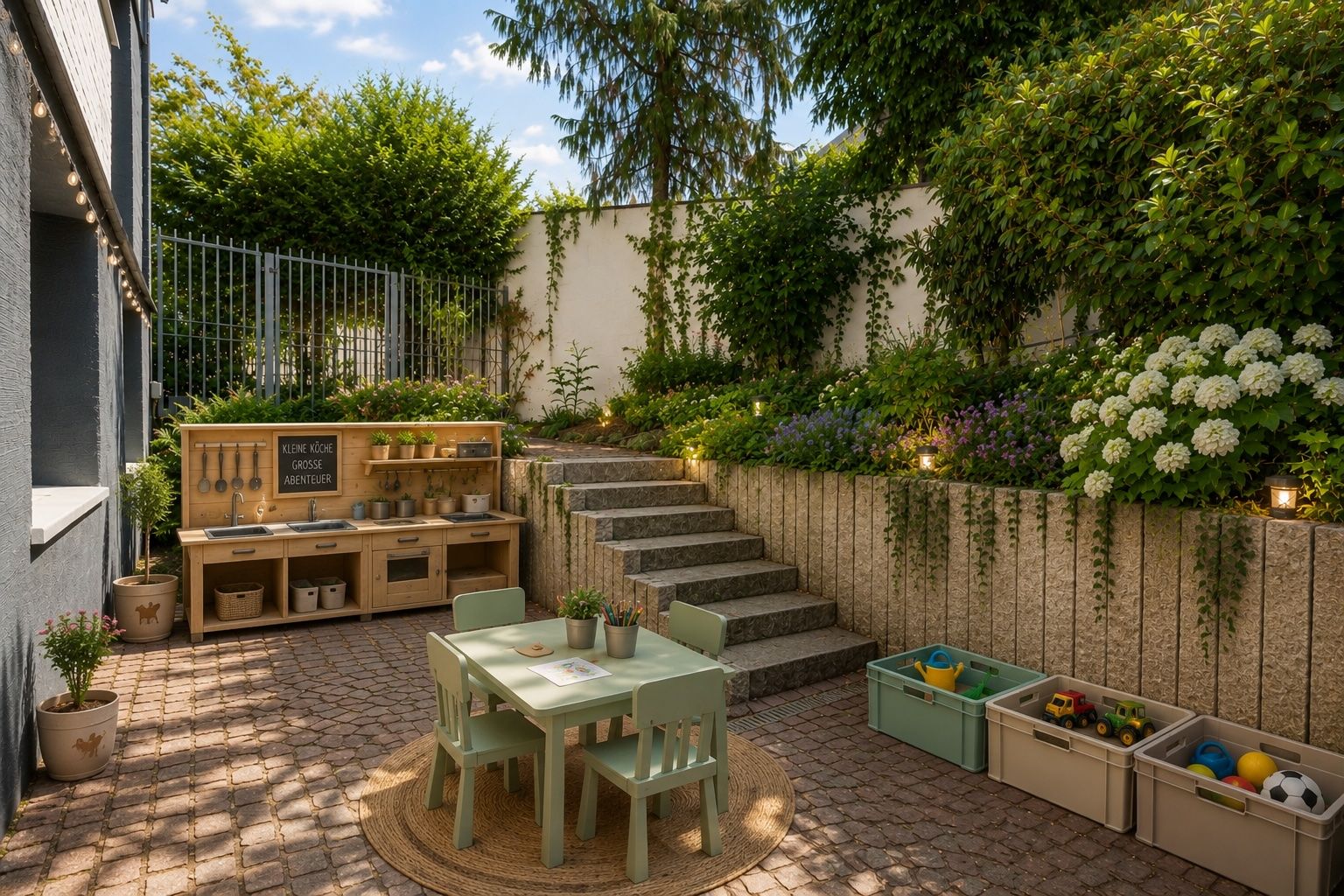 Gepflasterter Innenhof mit Kinderspieltisch, Spielküche und Kisten mit Spielzeug, umgeben von Pflanzen.