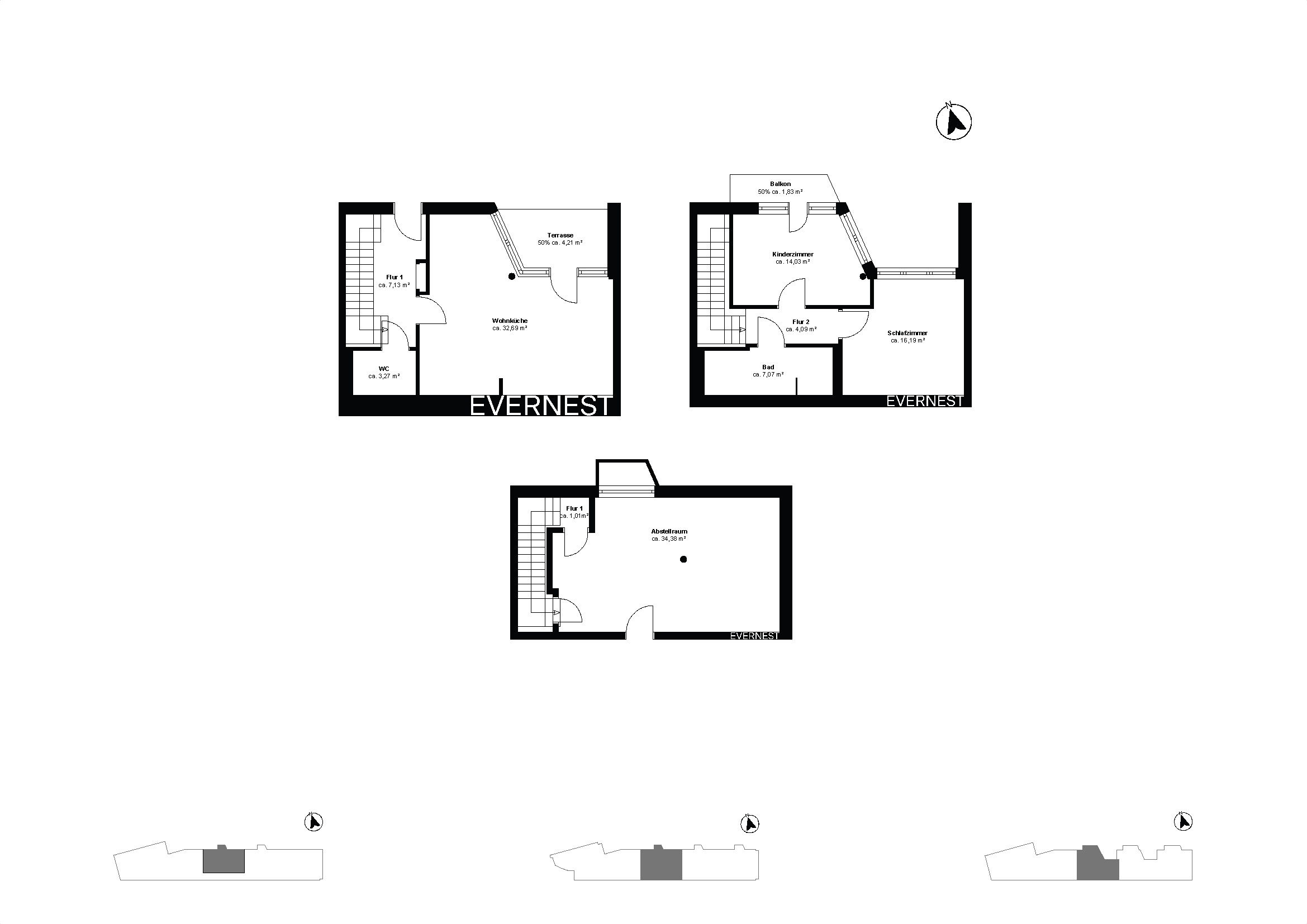 Grundriss eines Wohnhauses mit Terrasse, Balkon, Abstellraum, Schlafzimmer, Kinderzimmer und Bad.