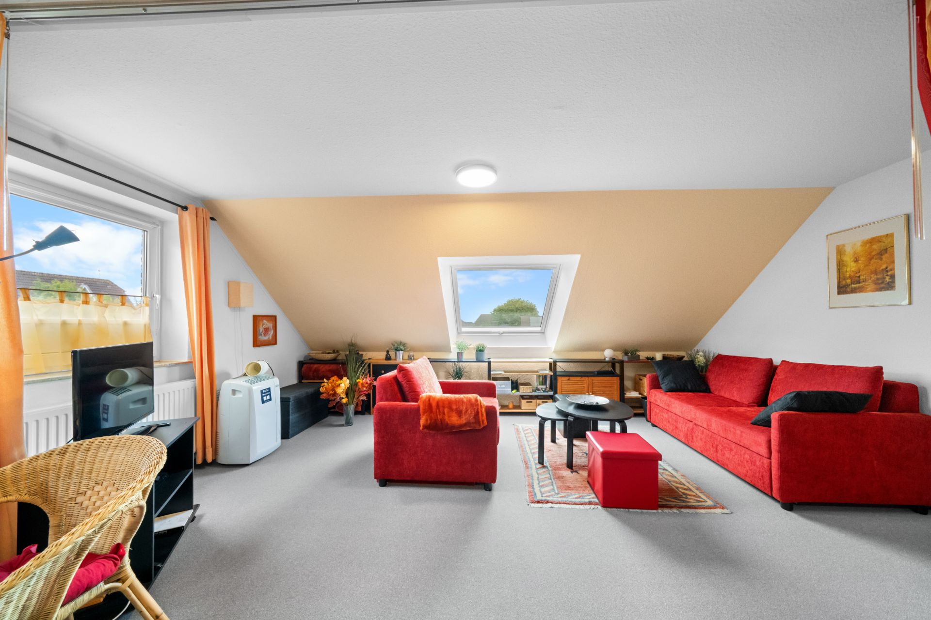 Helles Wohnzimmer mit Dachfenster, zwei roten Sofas, TV, Korbstuhl und Pflanzen.