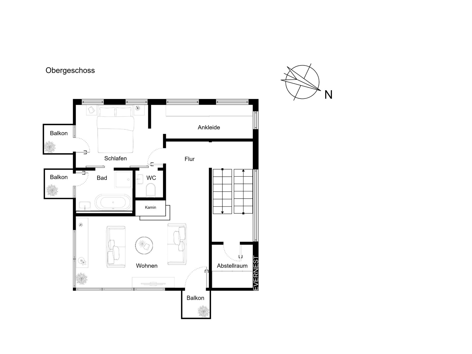 Grundriss des Obergeschosses mit Schlafzimmer, Bad, Wohnzimmer, Ankleide, Abstellraum und drei Balkonen.
