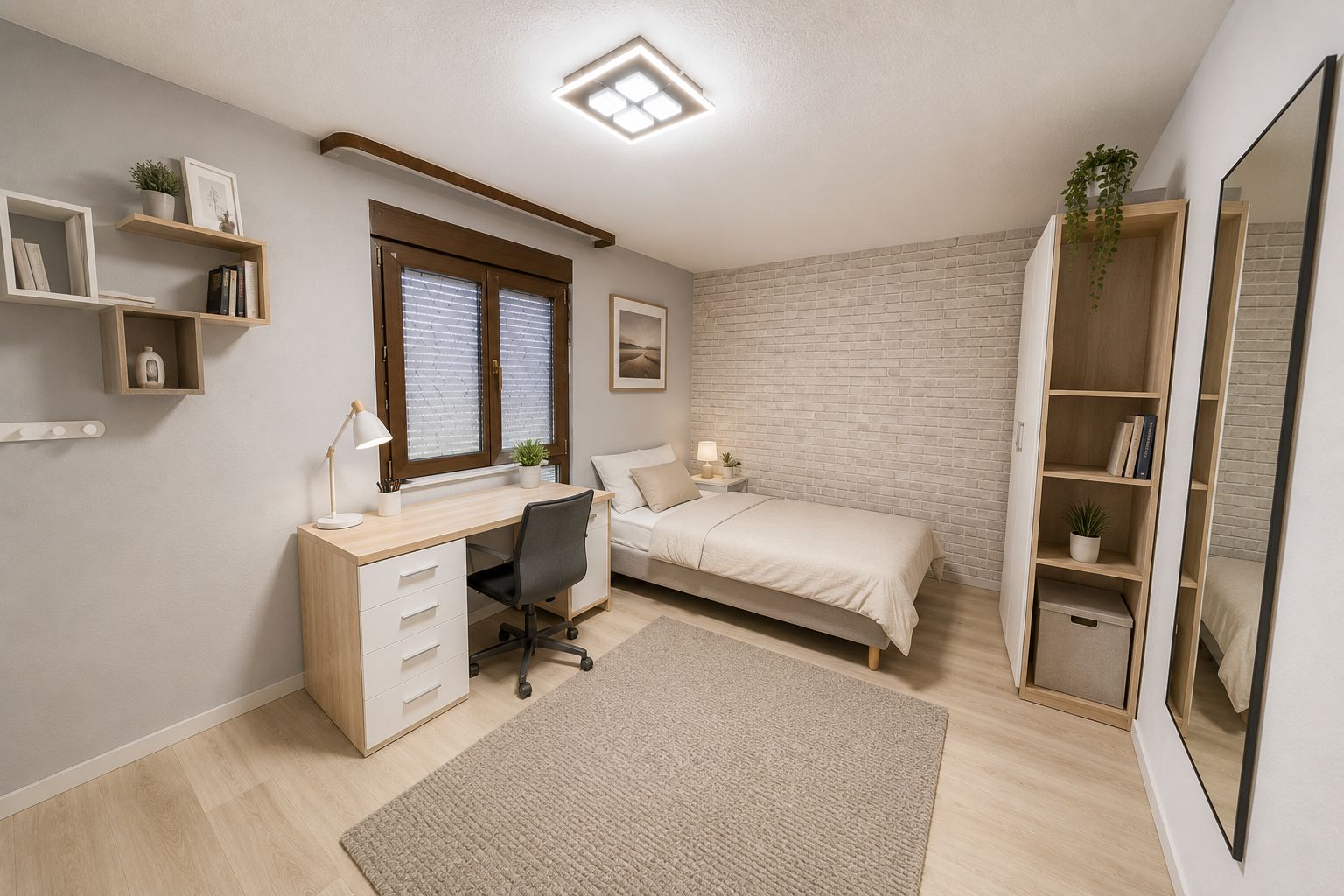 Helles Schlafzimmer mit Einzelbett, Schreibtisch, Regal, Teppich und großem Spiegel.