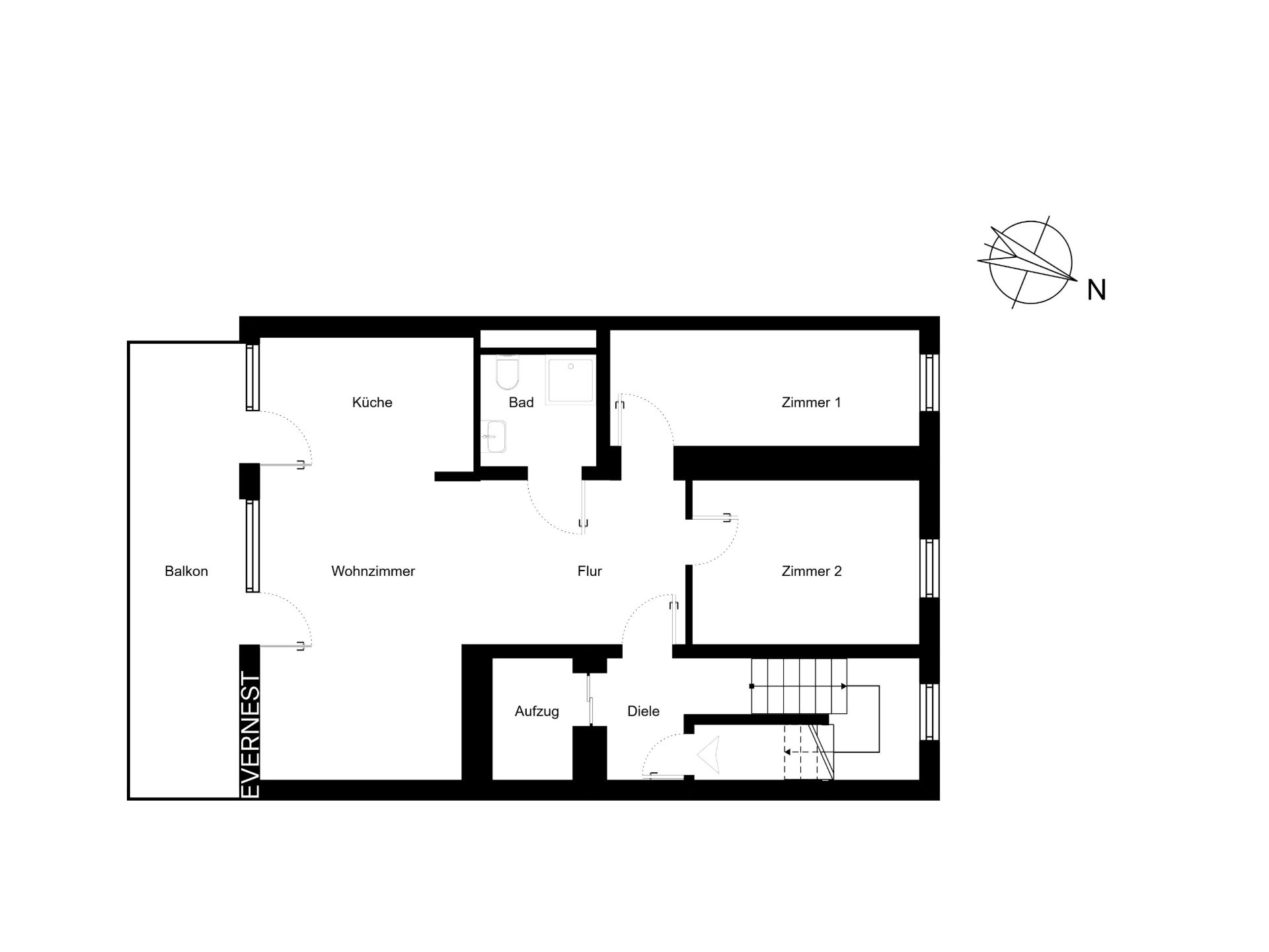 Grundriss einer Wohnung mit Balkon, Wohnzimmer, Küche, Bad, zwei Zimmern, Flur, Aufzug und Diele.
