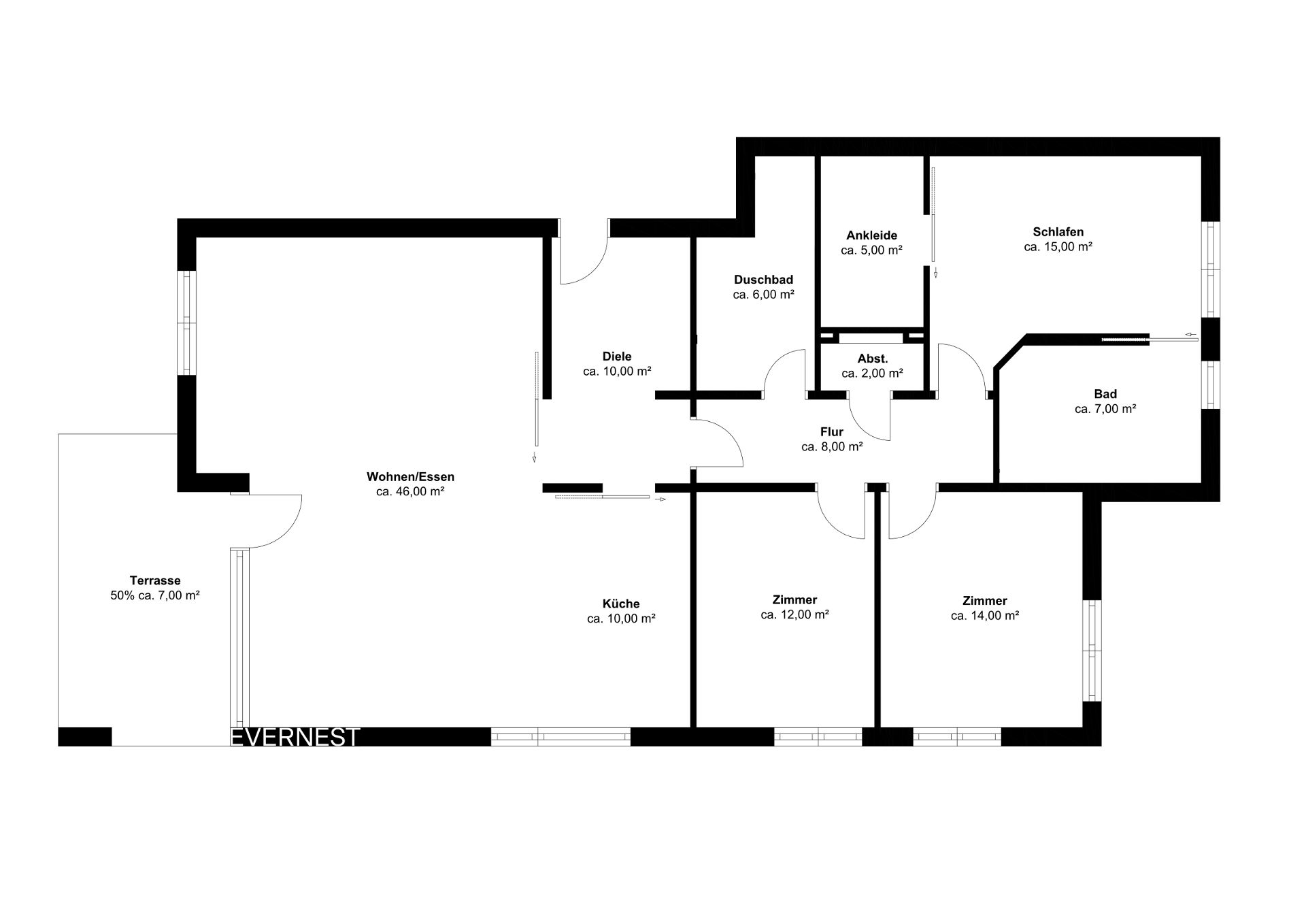 Grundriss einer Wohnung mit Terrasse, Wohnzimmer, Küche, Schlafzimmer, zwei Bädern und weiteren Zimmern.