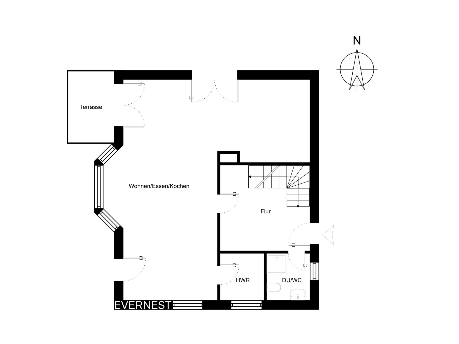 Grundriss eines Wohnbereichs mit Terrasse, Flur, HWR und DU/WC.