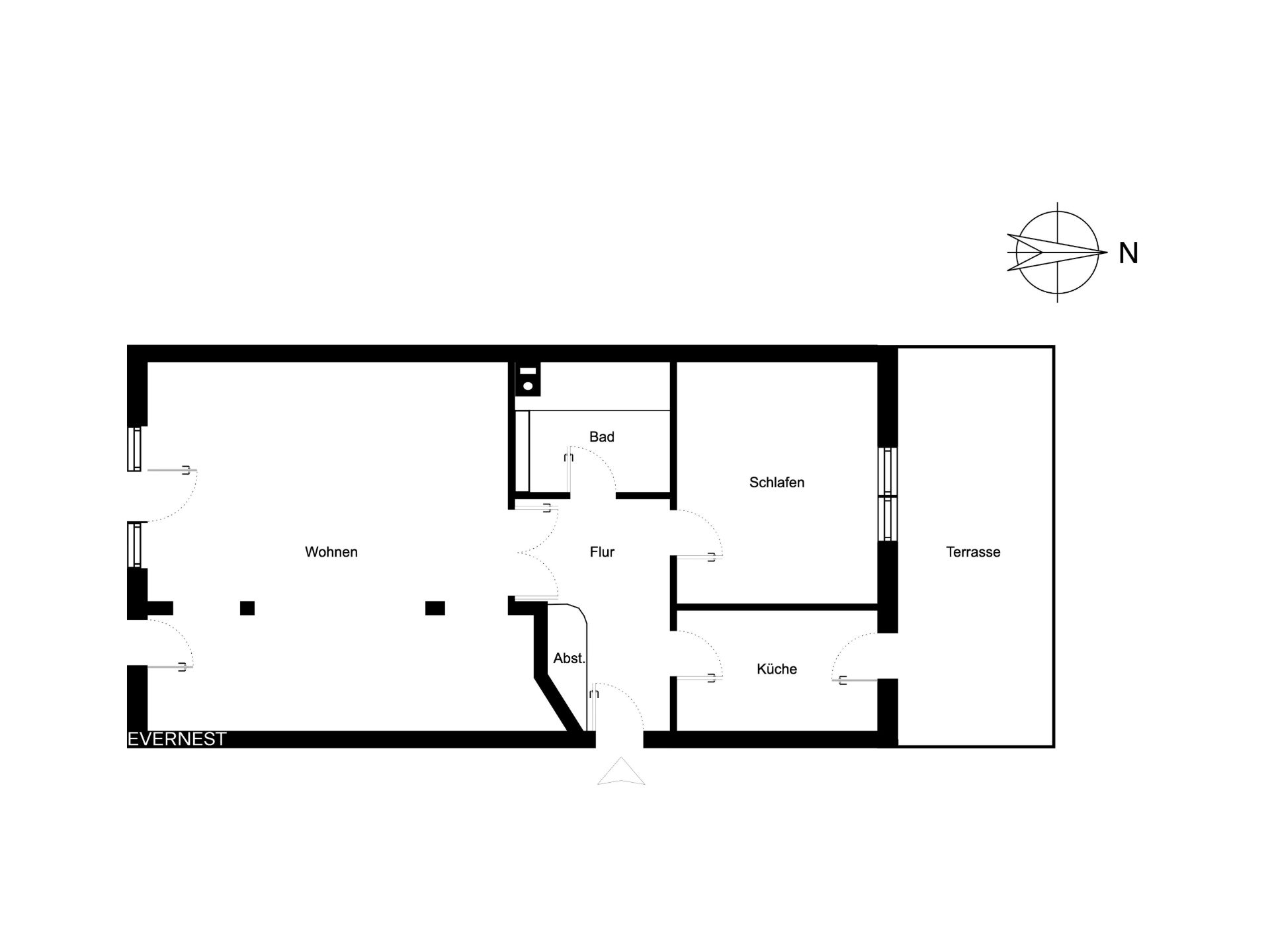 Grundriss einer Wohnung mit Wohnzimmer, Schlafzimmer, Bad, Küche, Flur, Abstellraum und Terrasse.