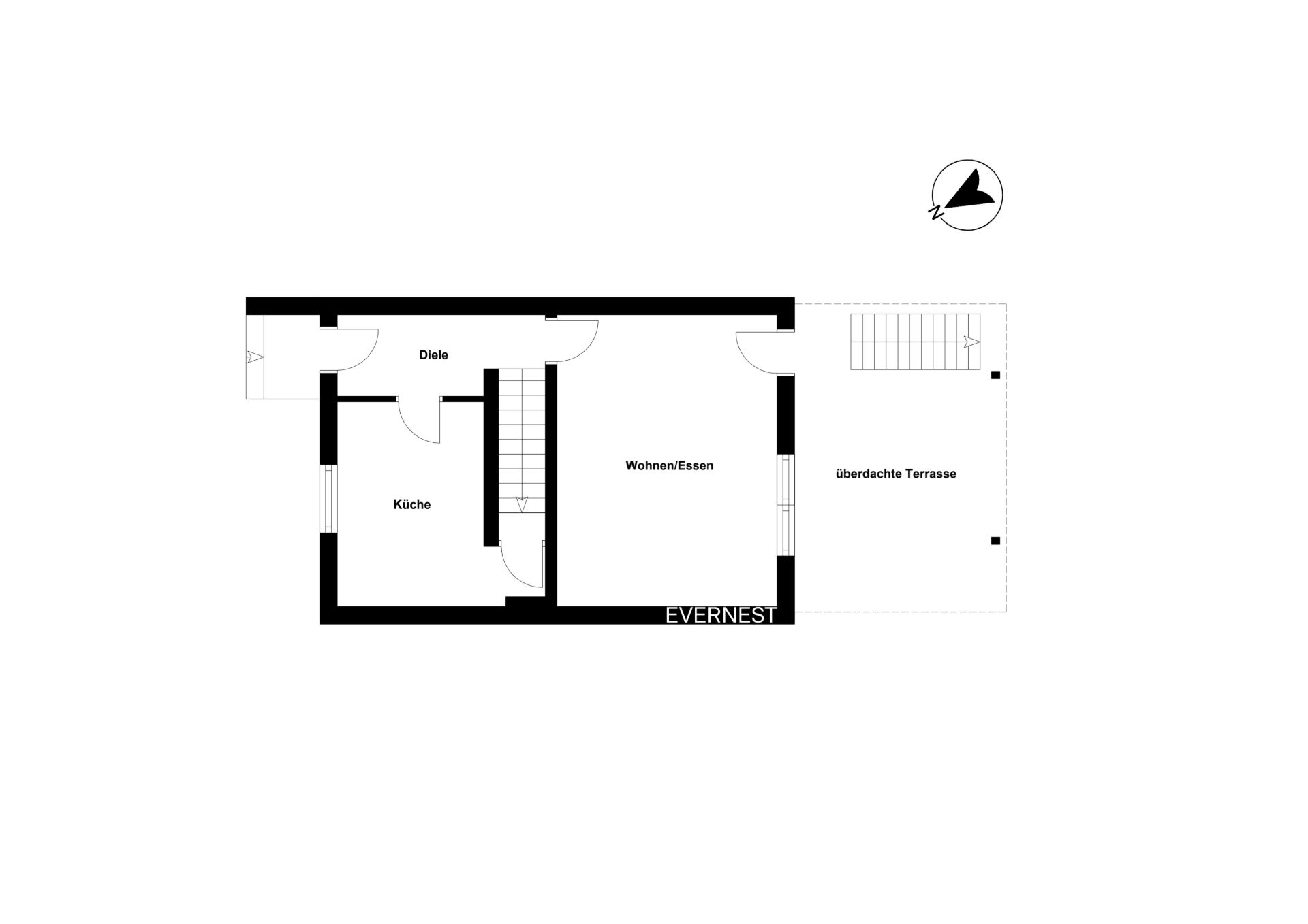 Grundriss mit Diele, Küche, Wohn-/Esszimmer und überdachter Terrasse.