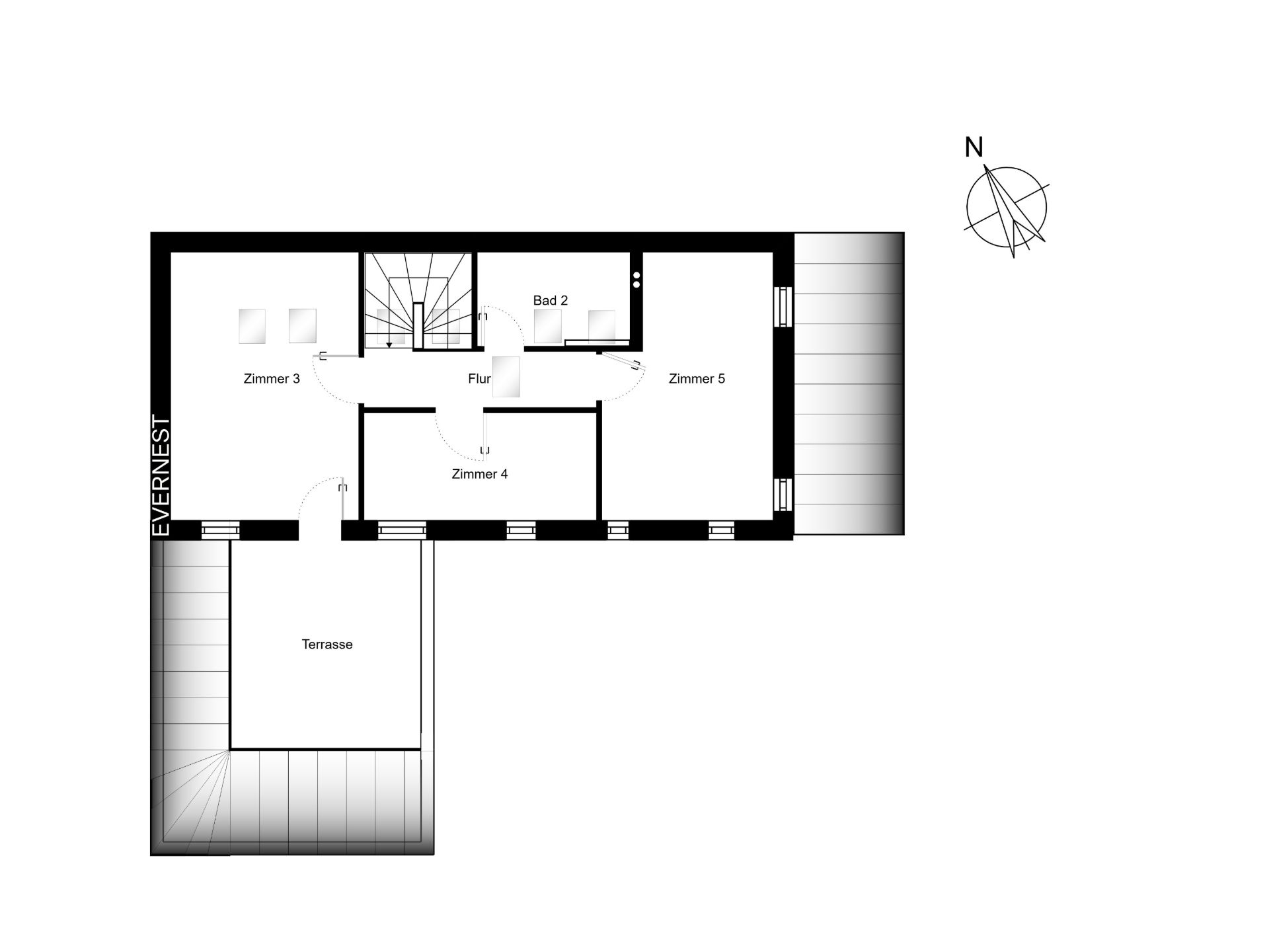 Grundriss zeigt Flur, drei Zimmer, Bad und Terrasse.