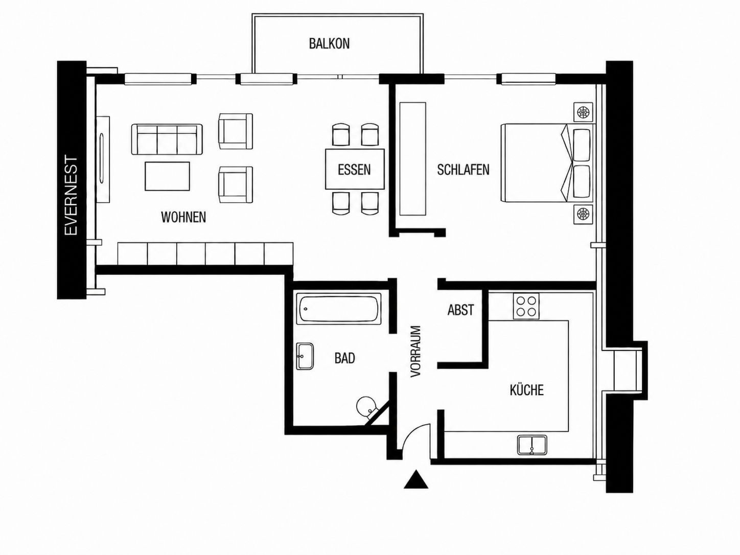 Grundriss einer Wohnung mit Wohnzimmer, Schlafzimmer, Küche, Bad, Essbereich und Balkon.