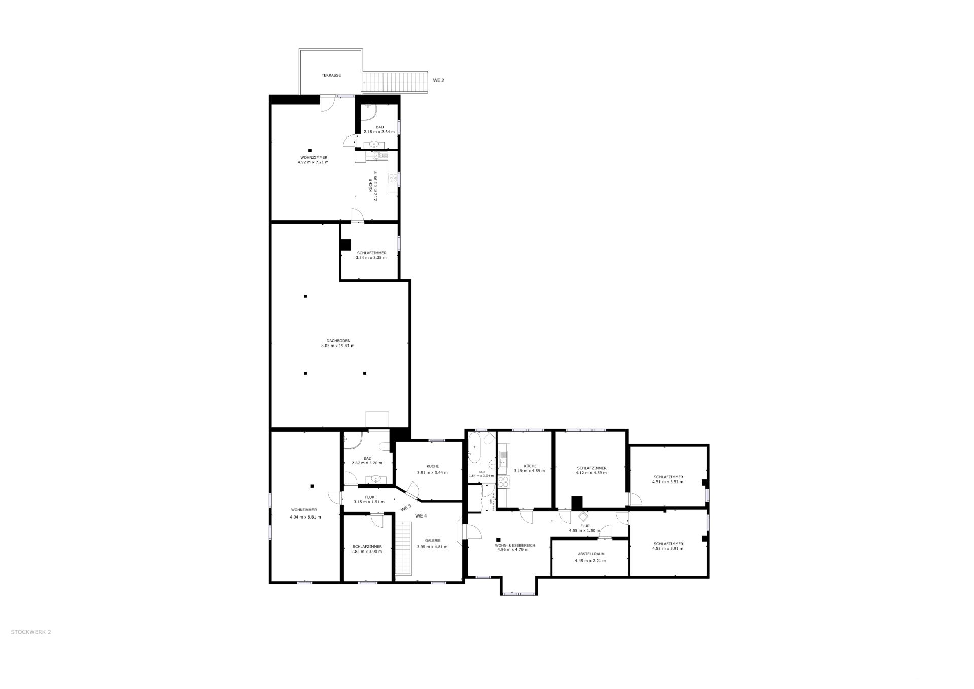 Grundriss eines Wohnhauses mit mehreren Räumen und Fluren.