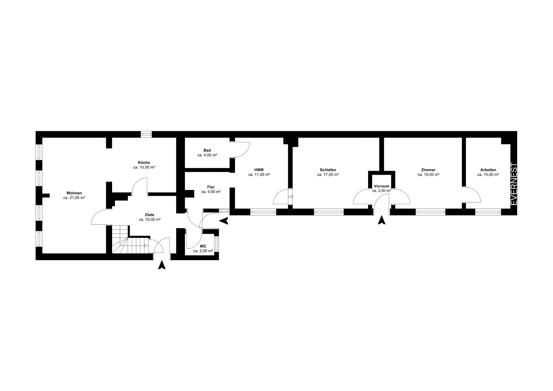 Grundriss einer Wohnung mit Wohnzimmer, Küche, Schlafzimmer, Bad, WC, Flur und weiteren Räumen.