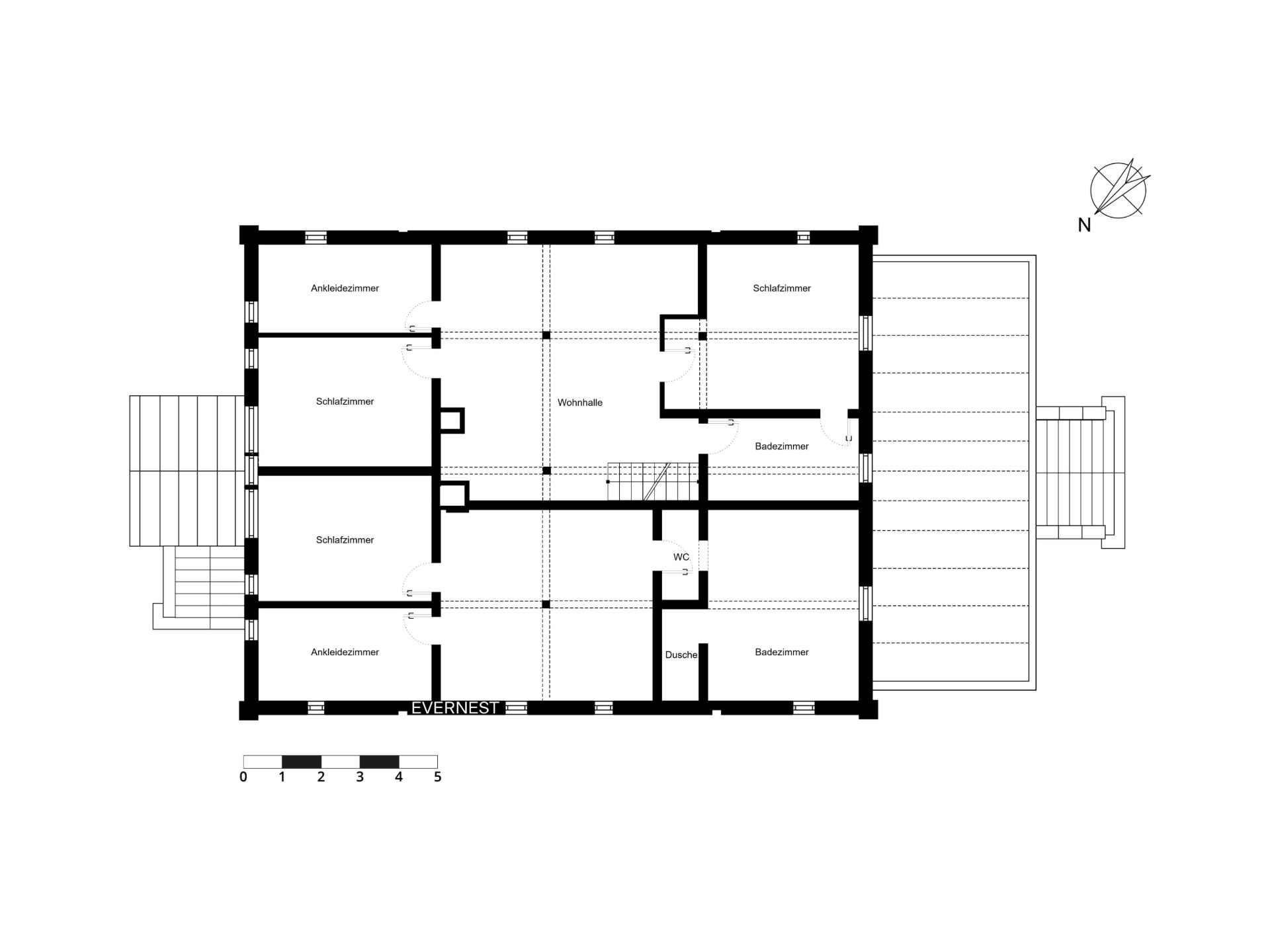 Grundriss mit mehreren Schlafzimmern, Ankleidezimmern, Bädern, einer Wohndiele und Treppen.