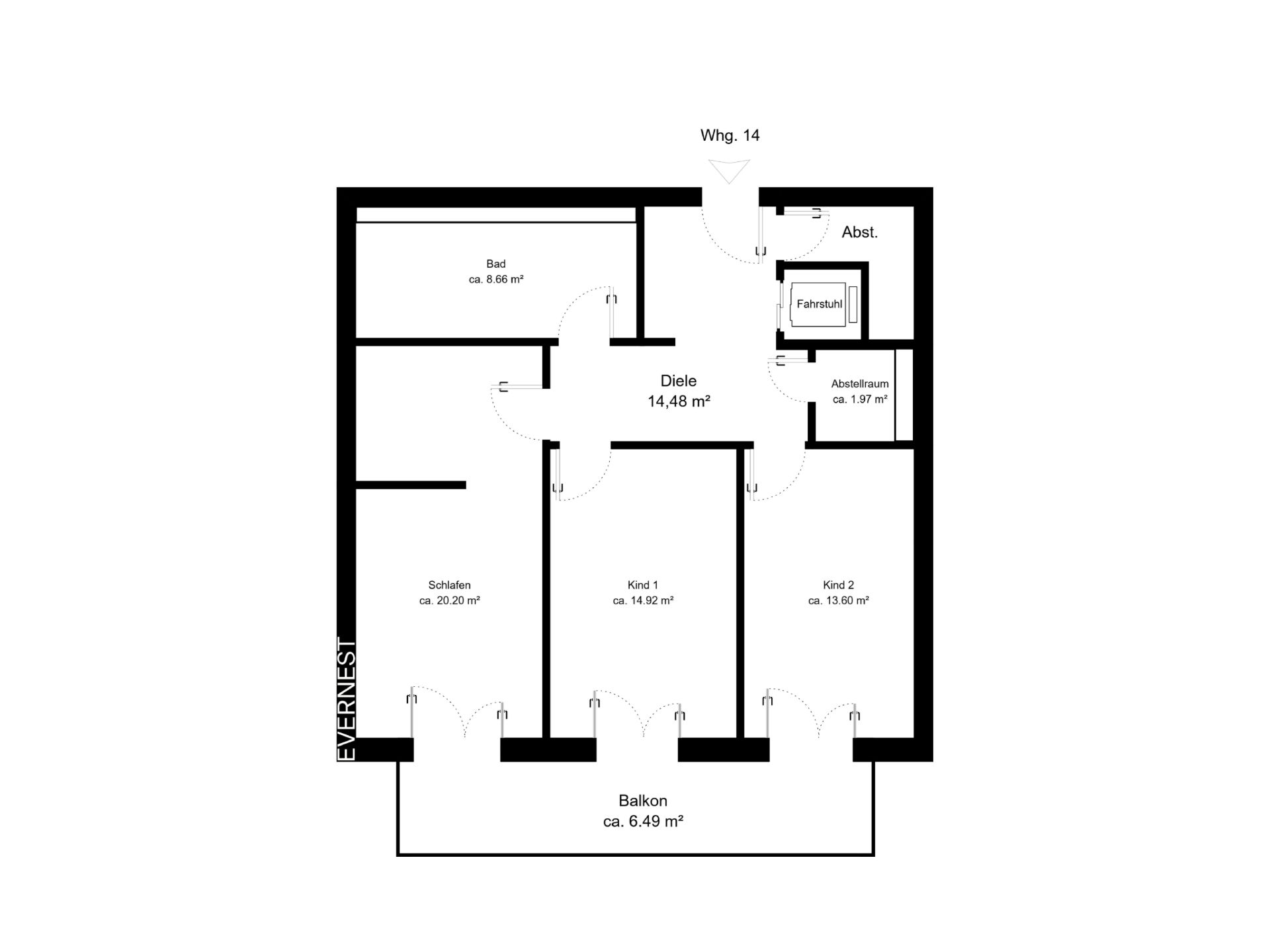 Grundriss einer Wohnung mit drei Zimmern, Bad, Diele, Abstellraum und Balkon.