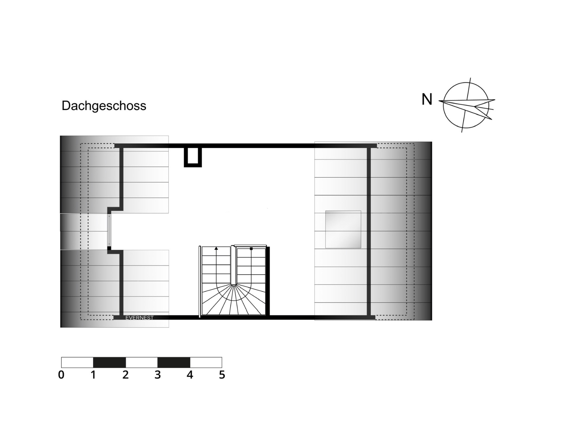 Grundriss des Dachgeschosses mit Treppe in der Mitte und zwei abgetrennten Bereichen.