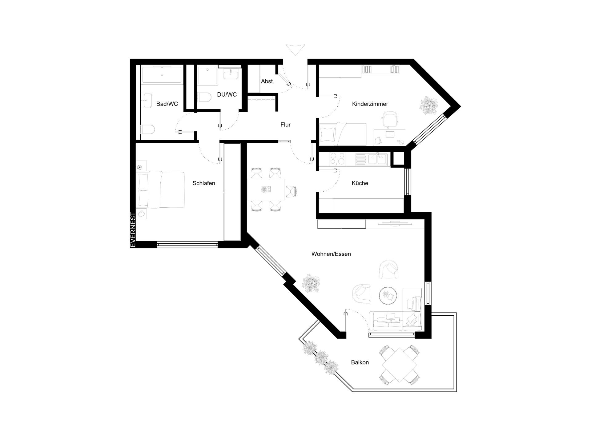 Grundriss einer Wohnung mit Schlafzimmer, Kinderzimmer, Küche, Bad, Wohnzimmer und Balkon.