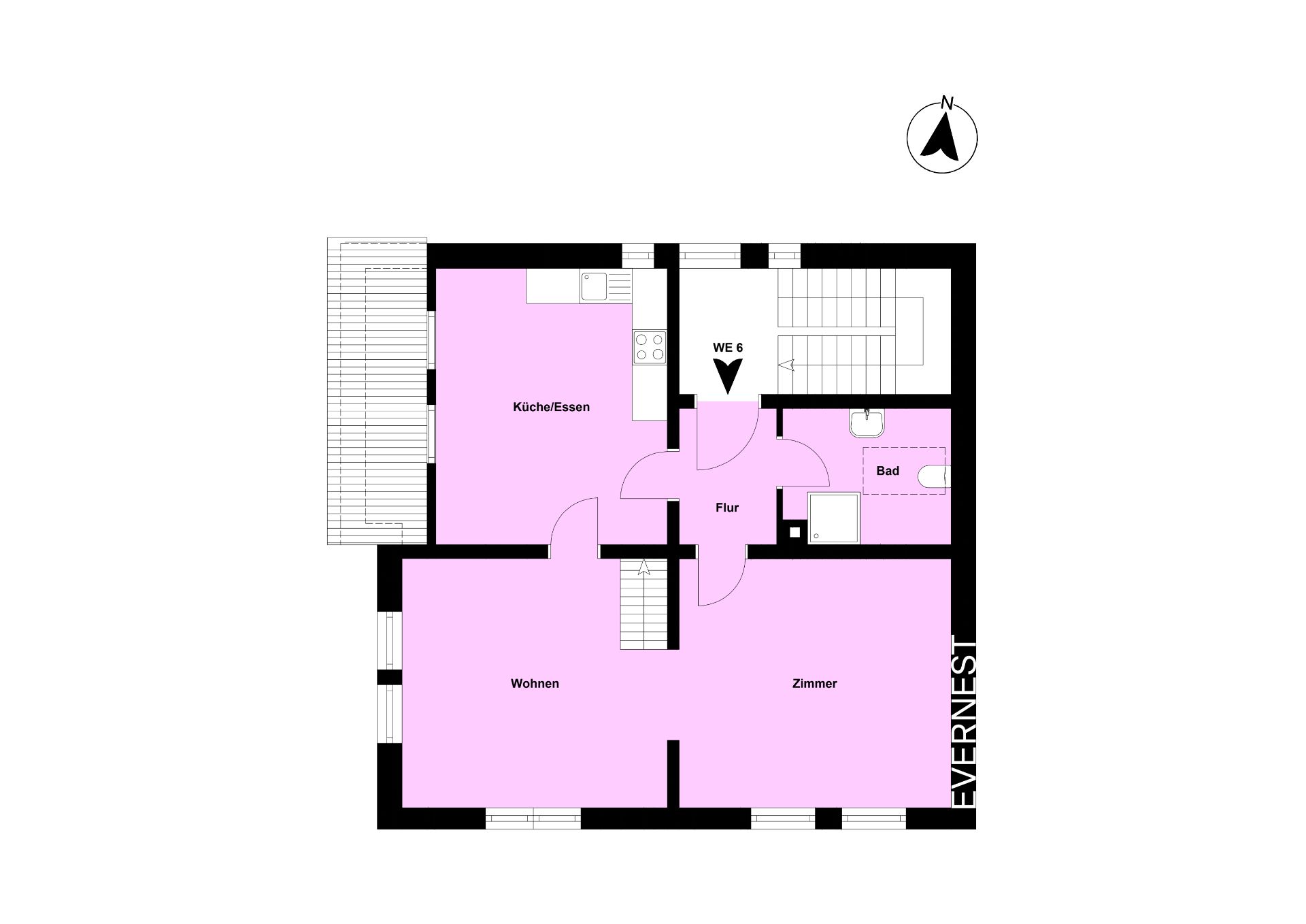 Grundriss einer Wohnung mit Küche, Bad, Flur, Wohnzimmer und weiterem Zimmer.