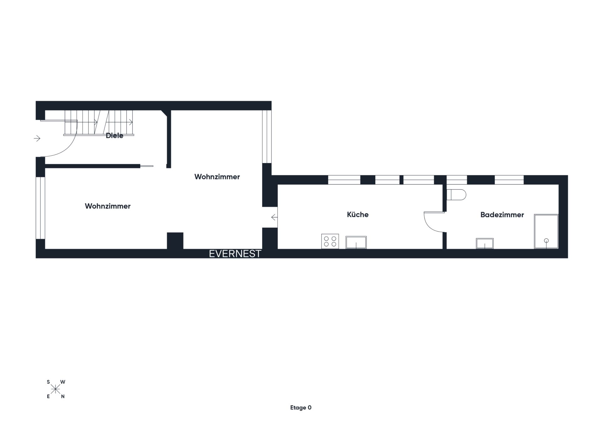 Grundriss mit Diele, zwei Wohnzimmern, Küche und Badezimmer.