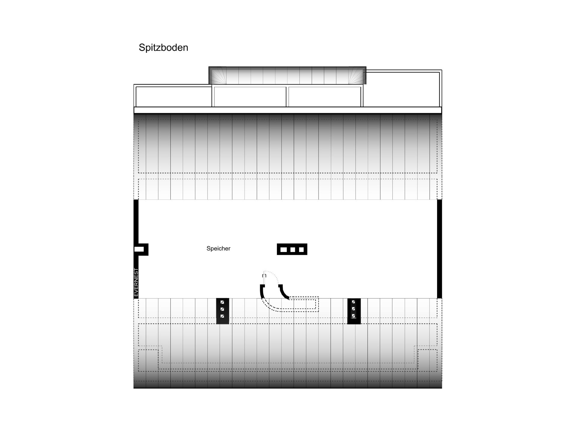 Grundriss eines Spitzbodens mit zentralem Speicherraum und Treppenaufgang.