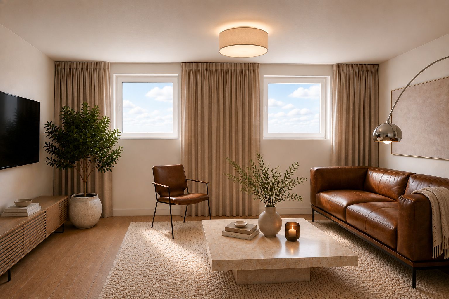 Modernes Wohnzimmer mit braunem Sofa, Sessel, Couchtisch, Pflanze und zwei Fenstern.