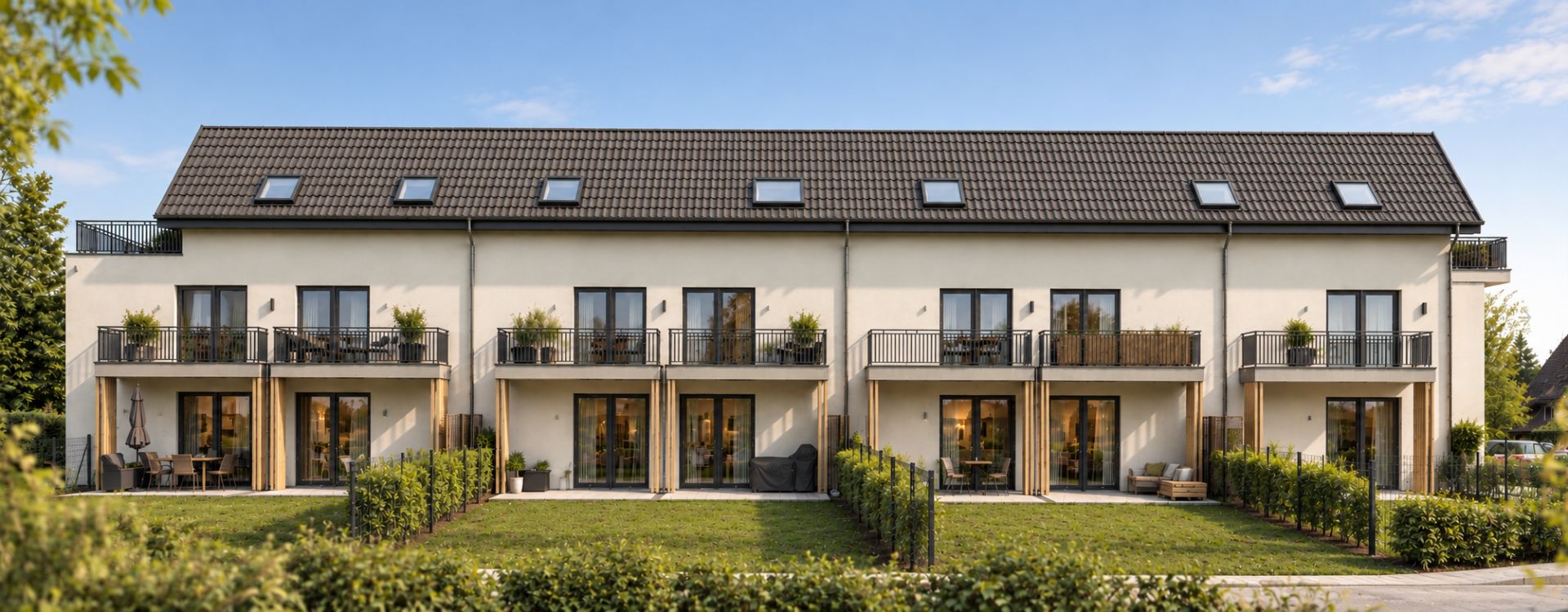 Moderne Reihenhäuser mit Balkonen, großen Fenstern und gepflegtem Garten im Vordergrund.