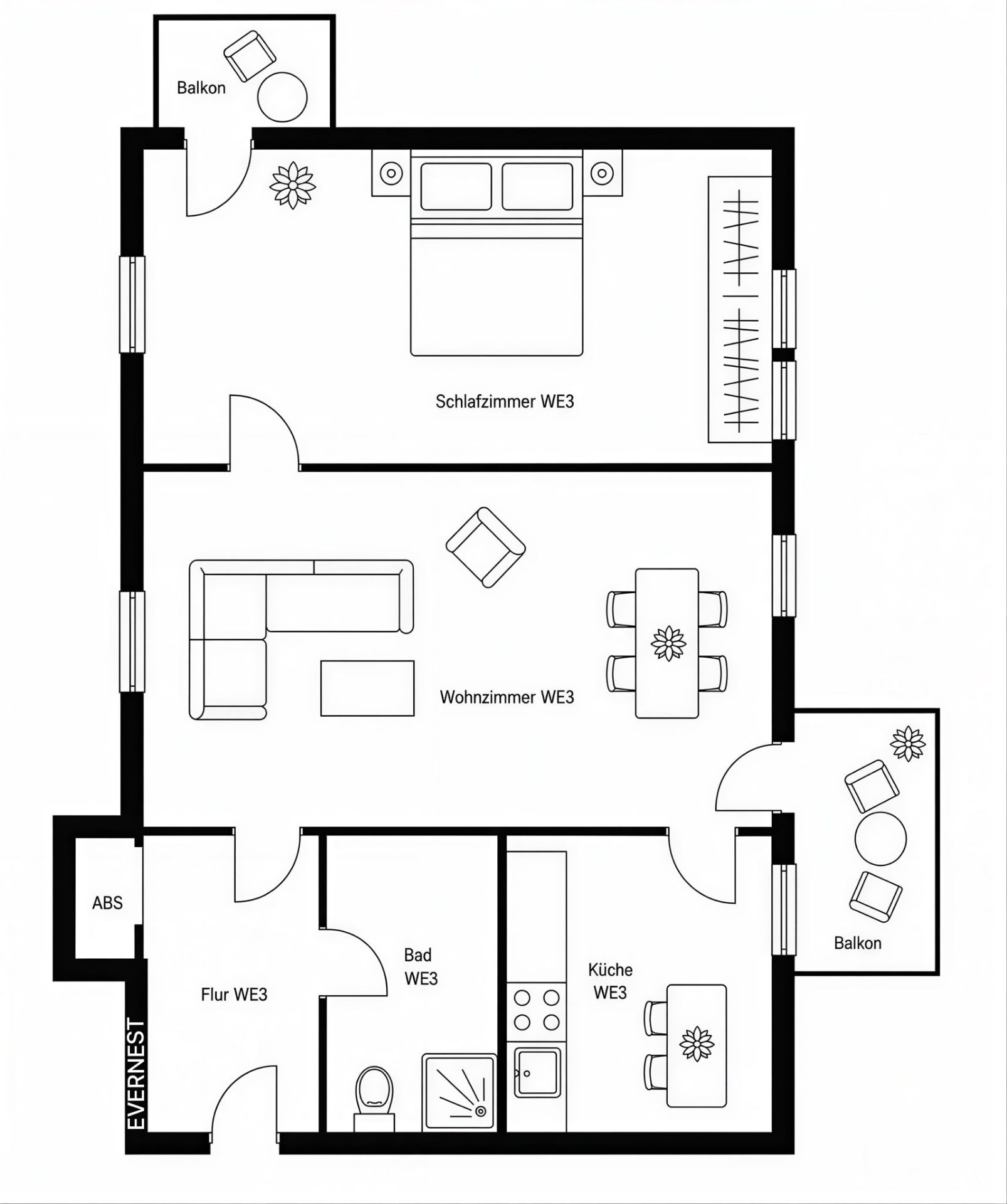 Grundriss einer Wohnung mit Schlafzimmer, Wohnzimmer, Küche, Bad, Flur und zwei Balkonen.
