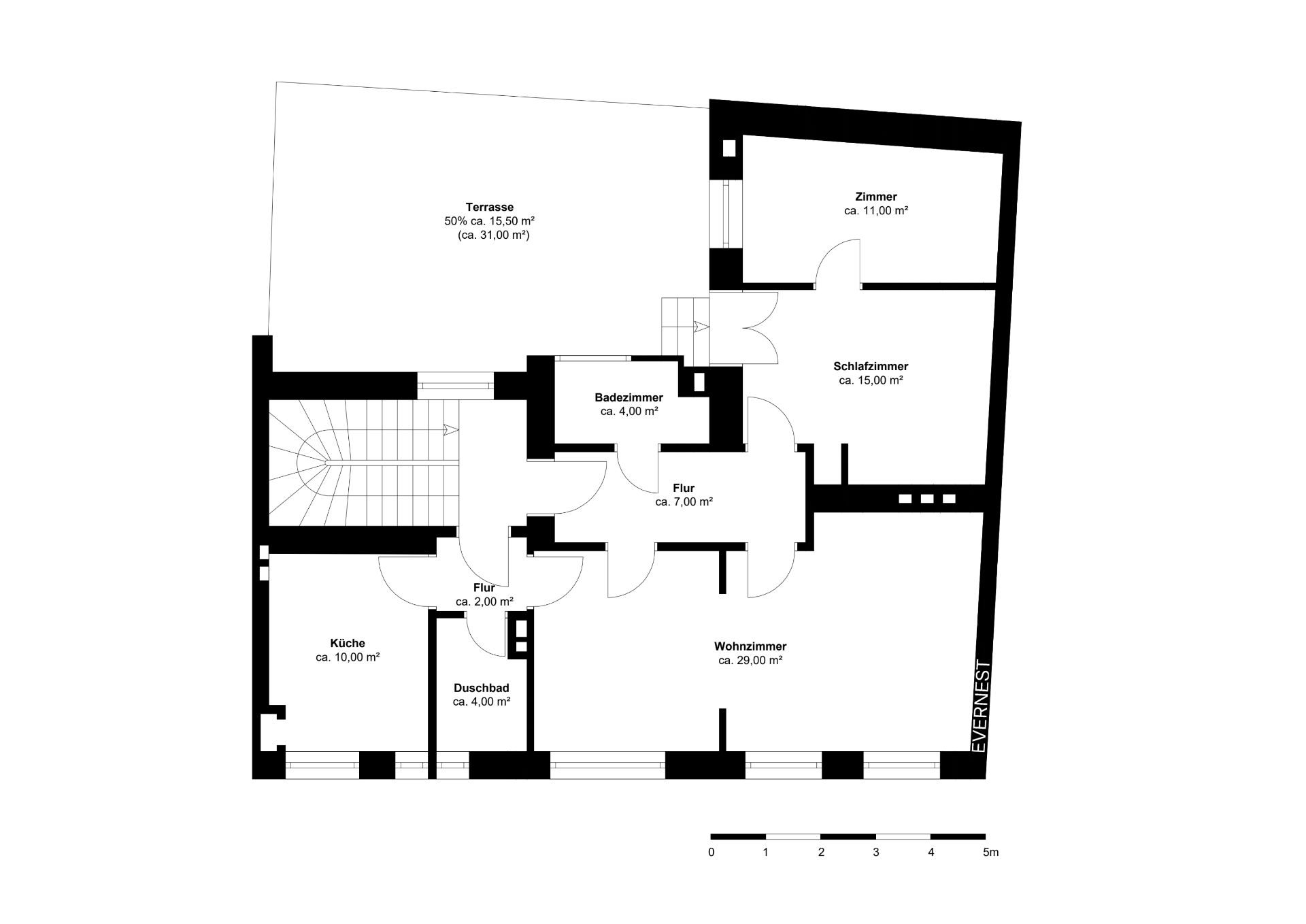 Grundriss einer Wohnung mit Wohnzimmer, Schlafzimmer, Bad, Küche, Flur und Terrasse.