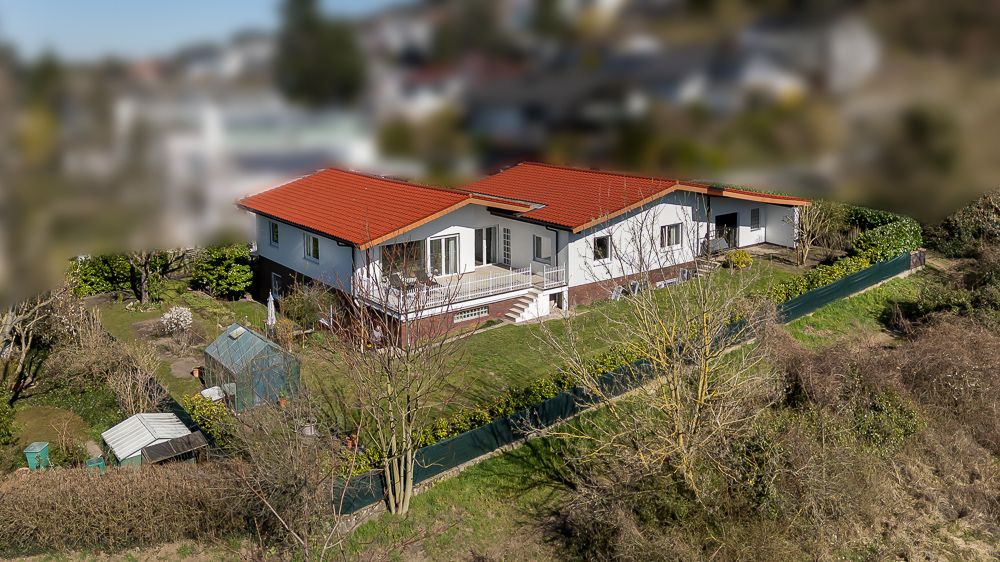 Einfamilienhaus mit rotem Dach, großem Garten und einigen Bäumen im Vordergrund.