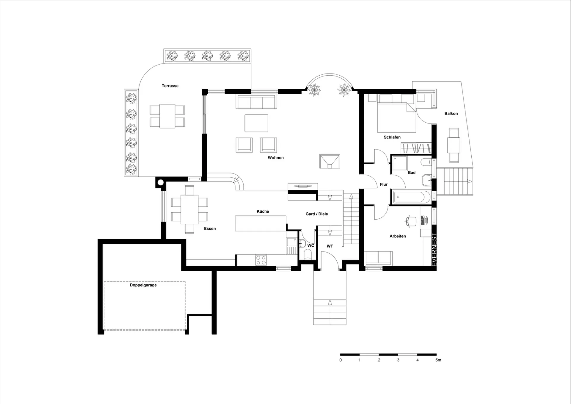 Grundriss eines Wohnhauses mit Terrasse, Balkon, Doppelgarage, Wohnzimmer, Schlafzimmer und Küche.