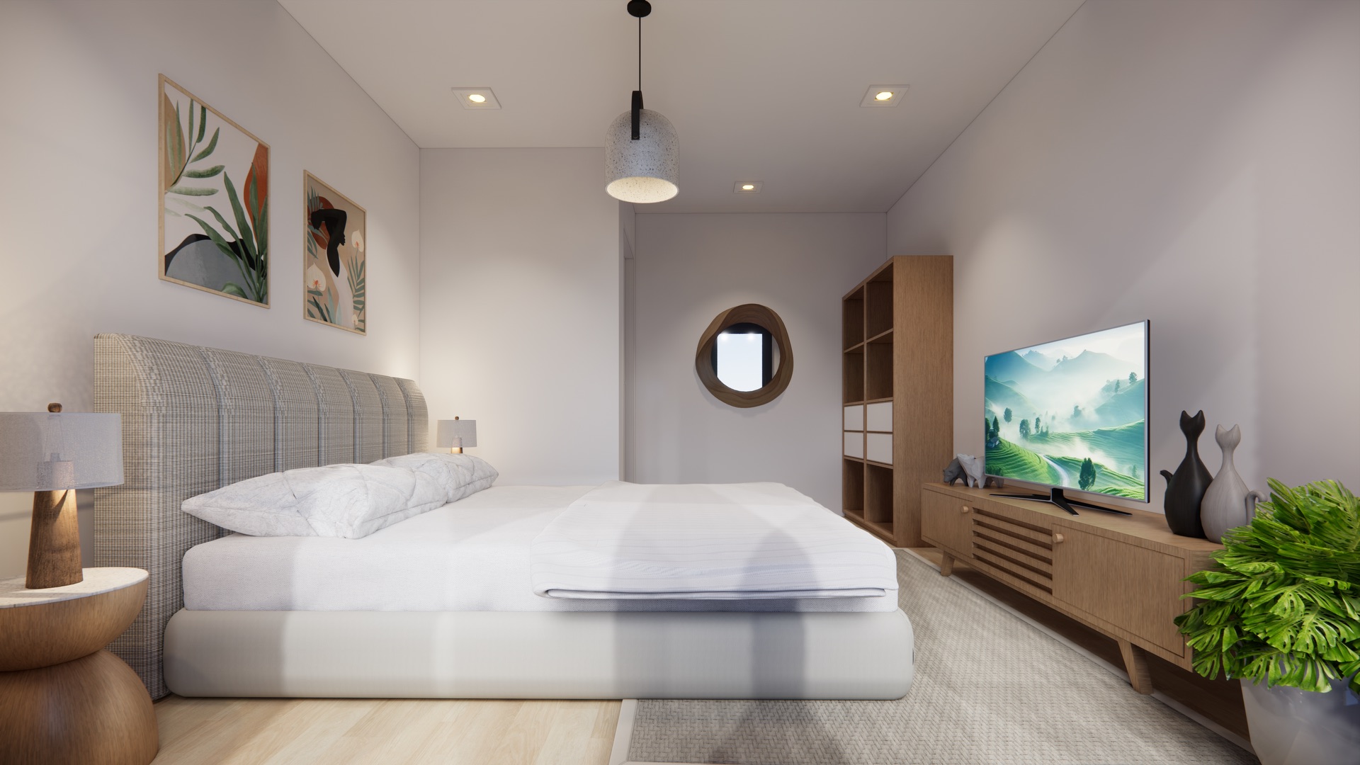 Modernes Schlafzimmer mit Doppelbett, Fernseher, Holzregal und Pflanzen, helle Wände und Dekoration.