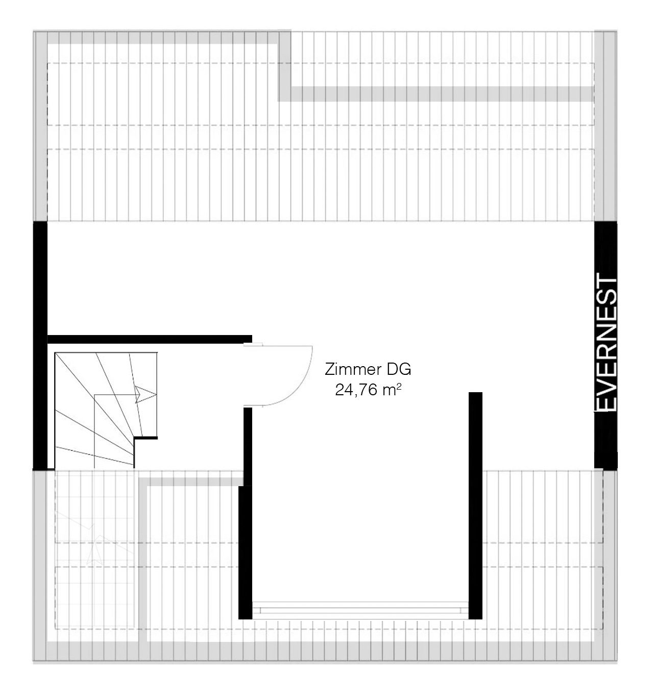 Grundriss eines Dachgeschoss-Zimmers mit Treppe und Tür, 24,76 Quadratmeter groß.