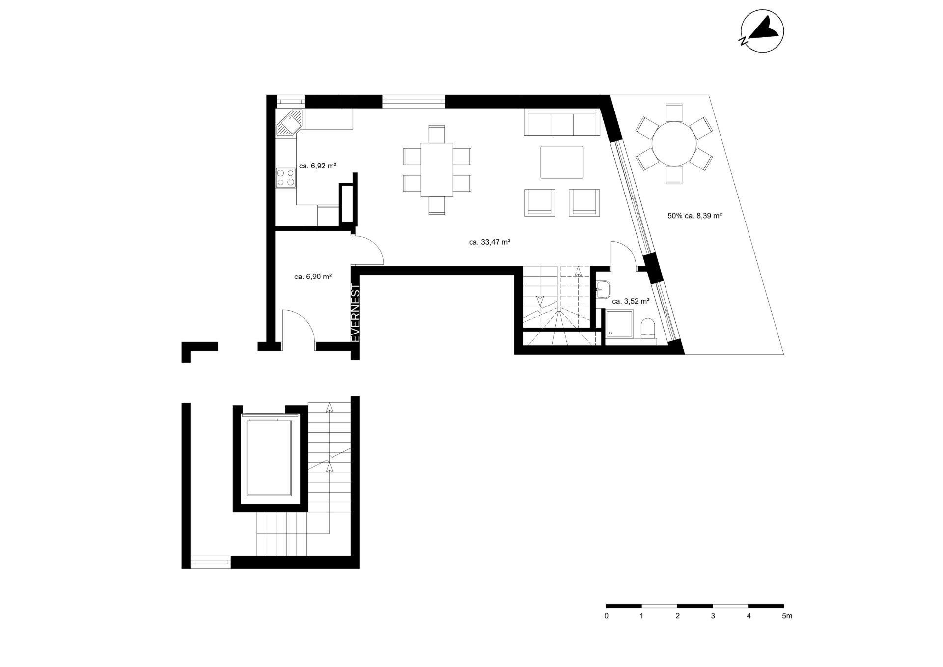Grundriss einer Wohnung mit Küche, Wohn-Essbereich, Bad, Flur und Terrasse.