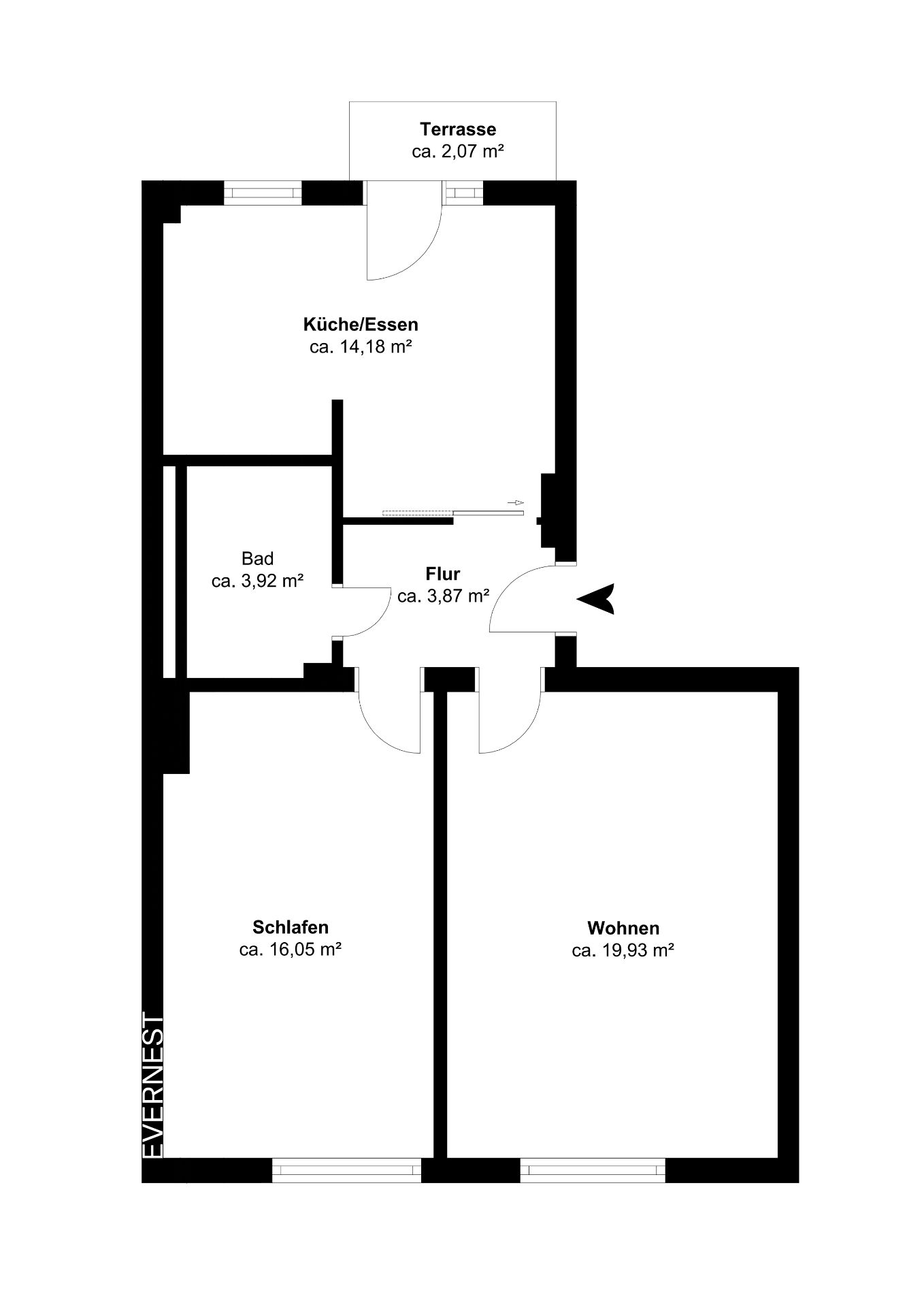 Grundriss einer Wohnung mit Schlafzimmer, Wohnzimmer, Bad, Küche/Essen, Flur und Terrasse.