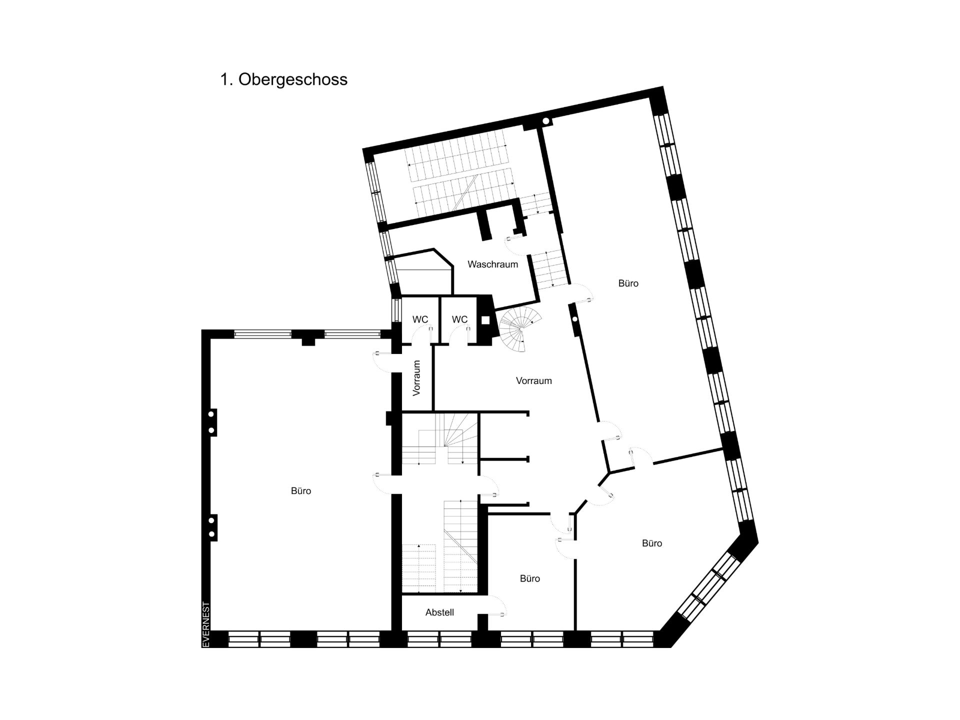 Grundriss des ersten Obergeschosses mit mehreren Büros, Waschküche, WC und Abstellraum.