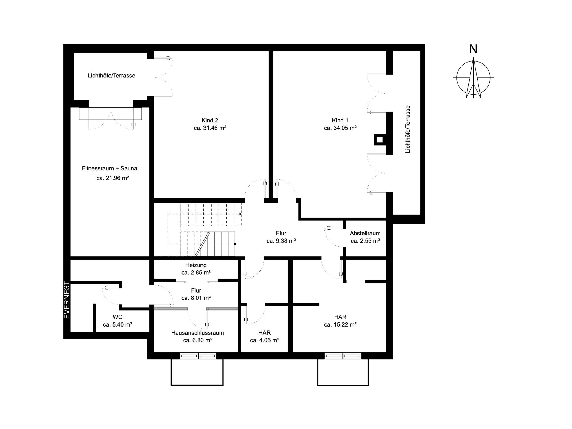 Grundriss eines Hauses mit zwei Kinderzimmern, Fitnessraum, Abstellräumen und WC.