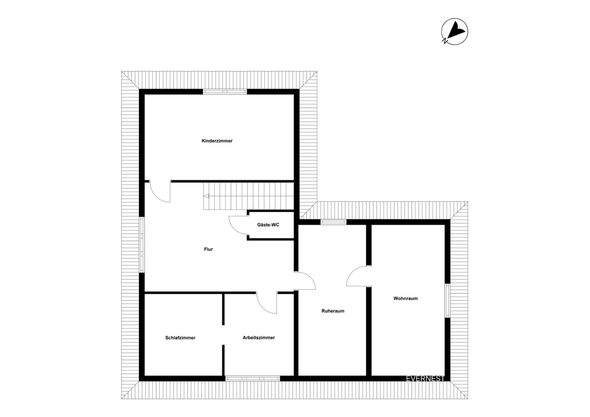 Grundriss mit Kinderzimmer, Schlafzimmer, Arbeitszimmer, Wohnraum, Ruheraum, Gäste-WC und Flur.
