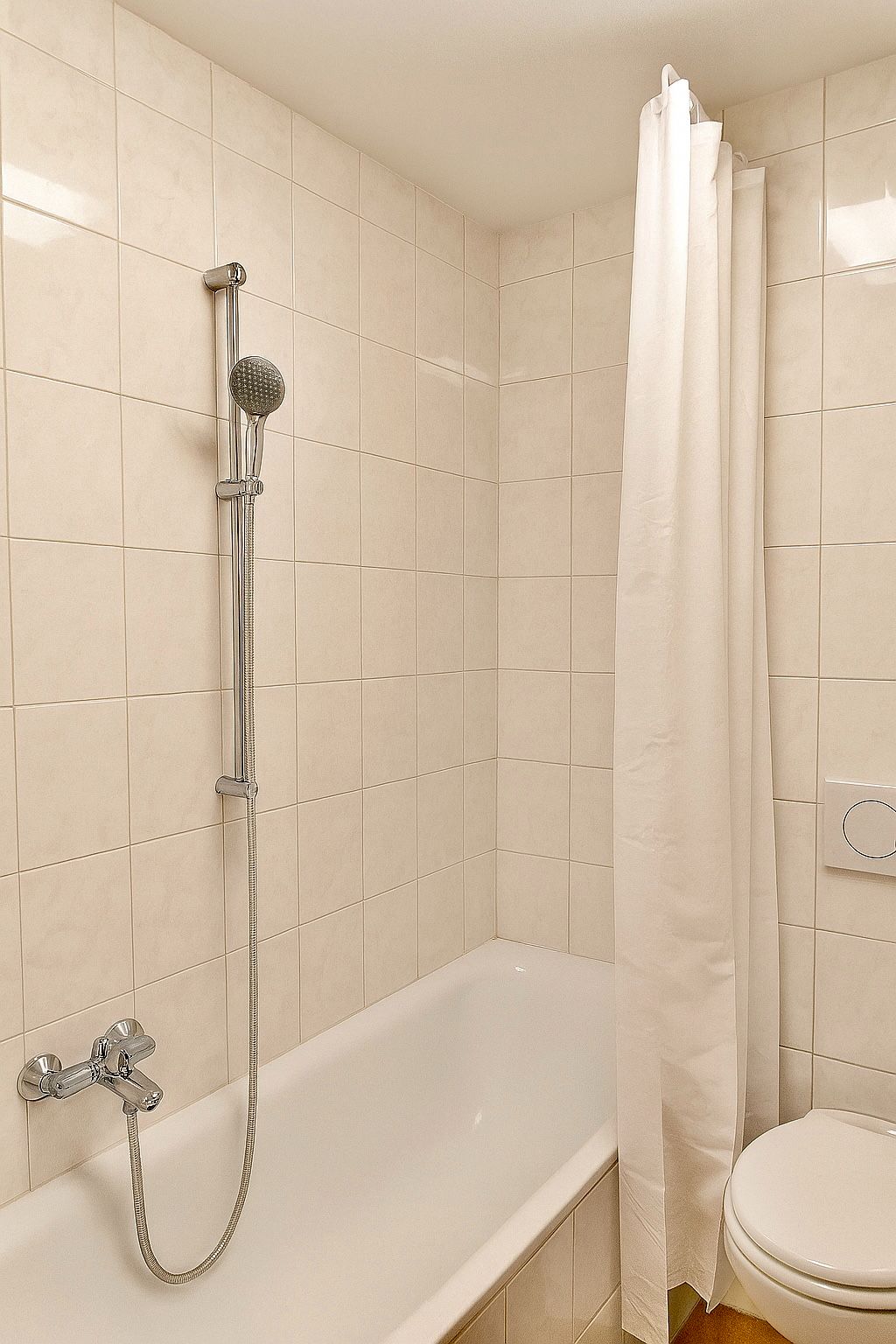 Badezimmer mit Badewanne, Duschvorhang und Handbrause, daneben eine Toilette.