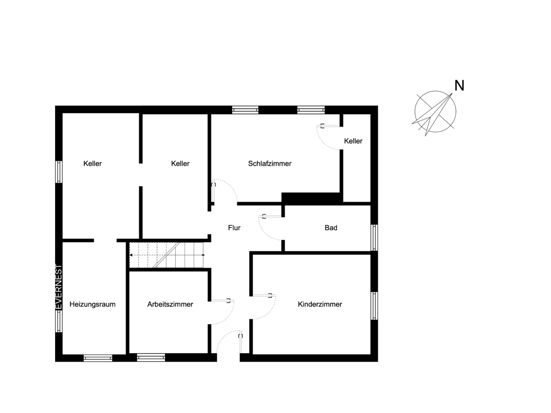 Grundriss mit Schlafzimmer, Kinderzimmer, Arbeitszimmer, Bad, Heizungsraum, Flur und drei Kellerräumen.