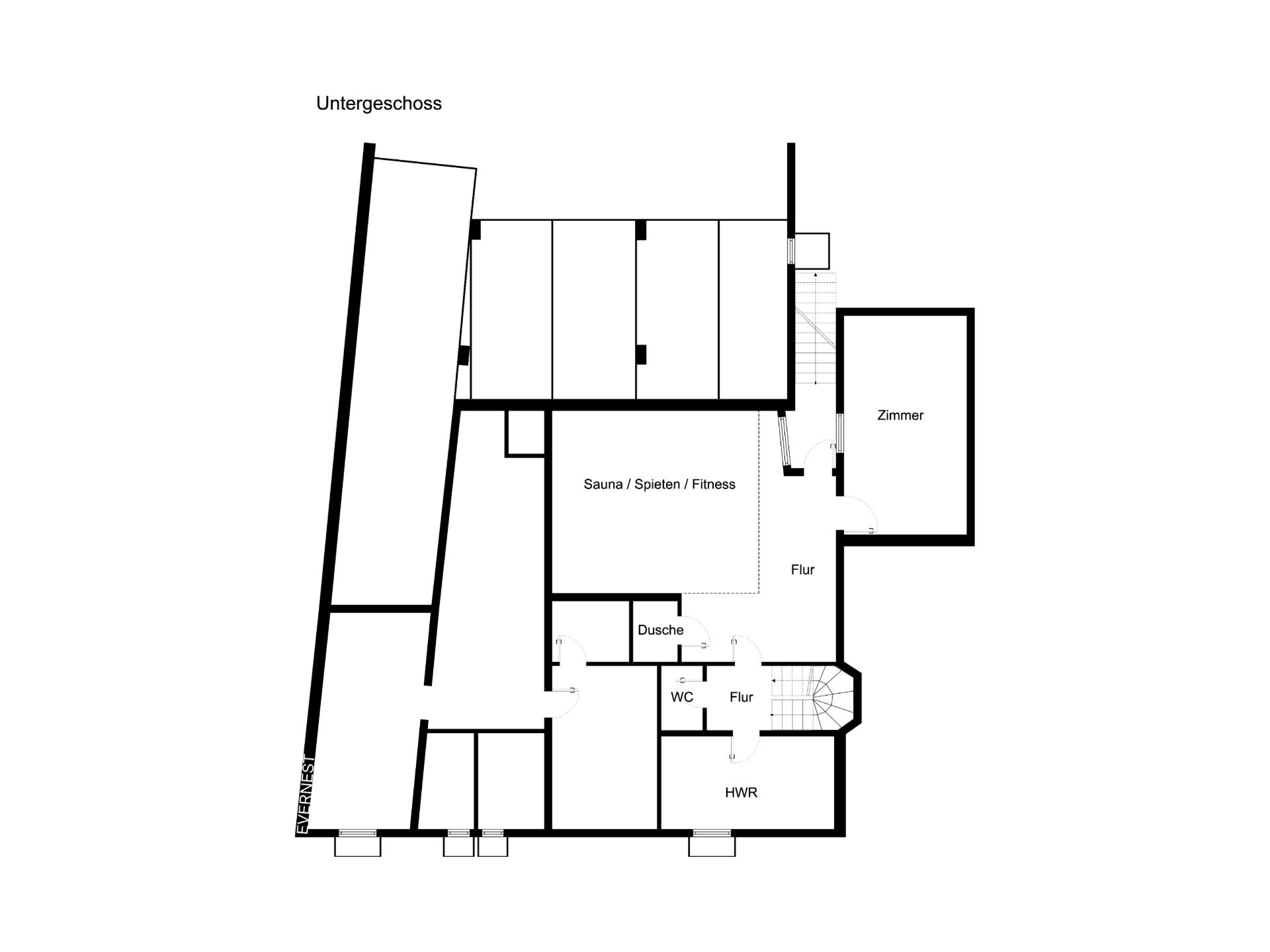 Grundriss des Untergeschosses mit Sauna, Fitnessraum, Dusche, WC, HWR, Zimmer und Flur.
