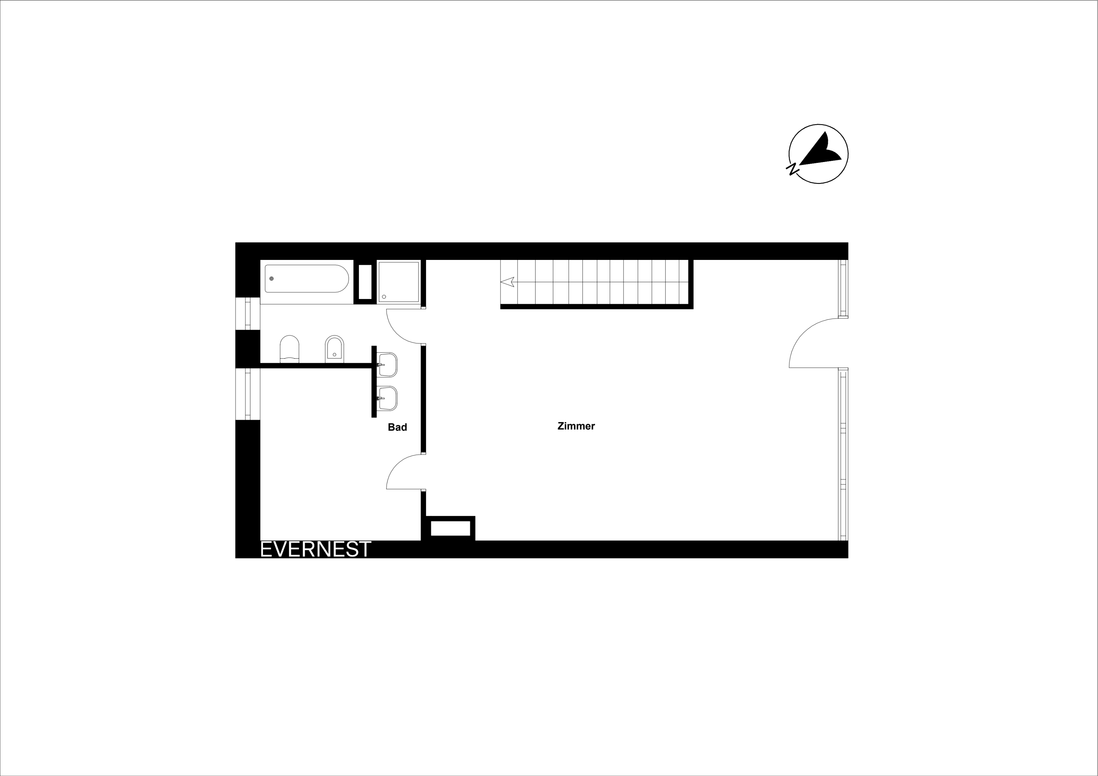 Grundriss mit einem Badezimmer und einem großen Zimmer, Treppe oben rechts.