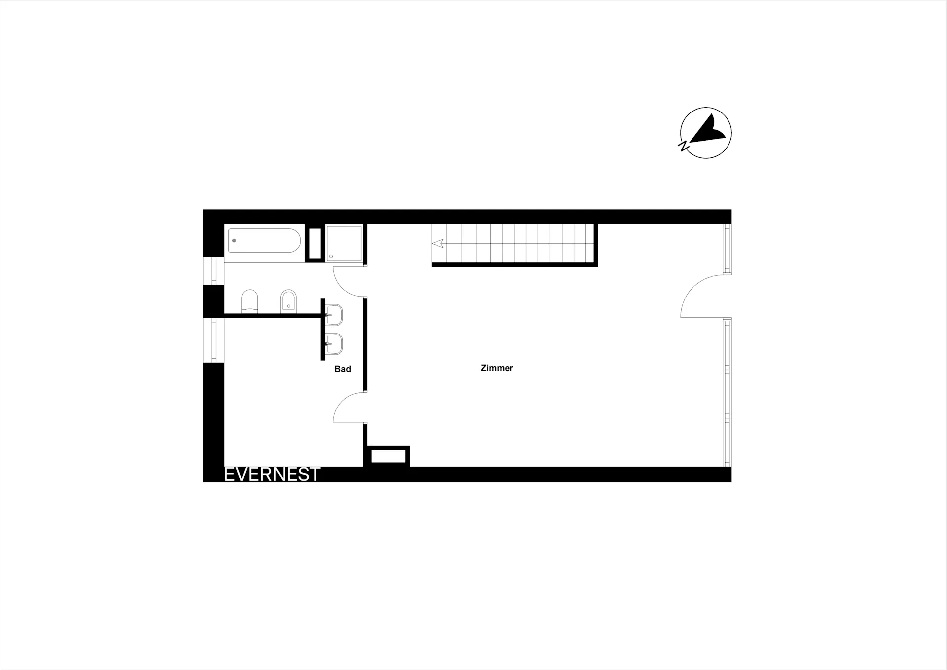 Grundriss mit einem Badezimmer und einem großen Zimmer, Treppe oben rechts.