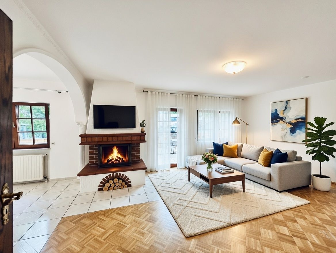 Helles Wohnzimmer mit Kamin, Sofa, Couchtisch, großem Teppich und großen Fenstern.