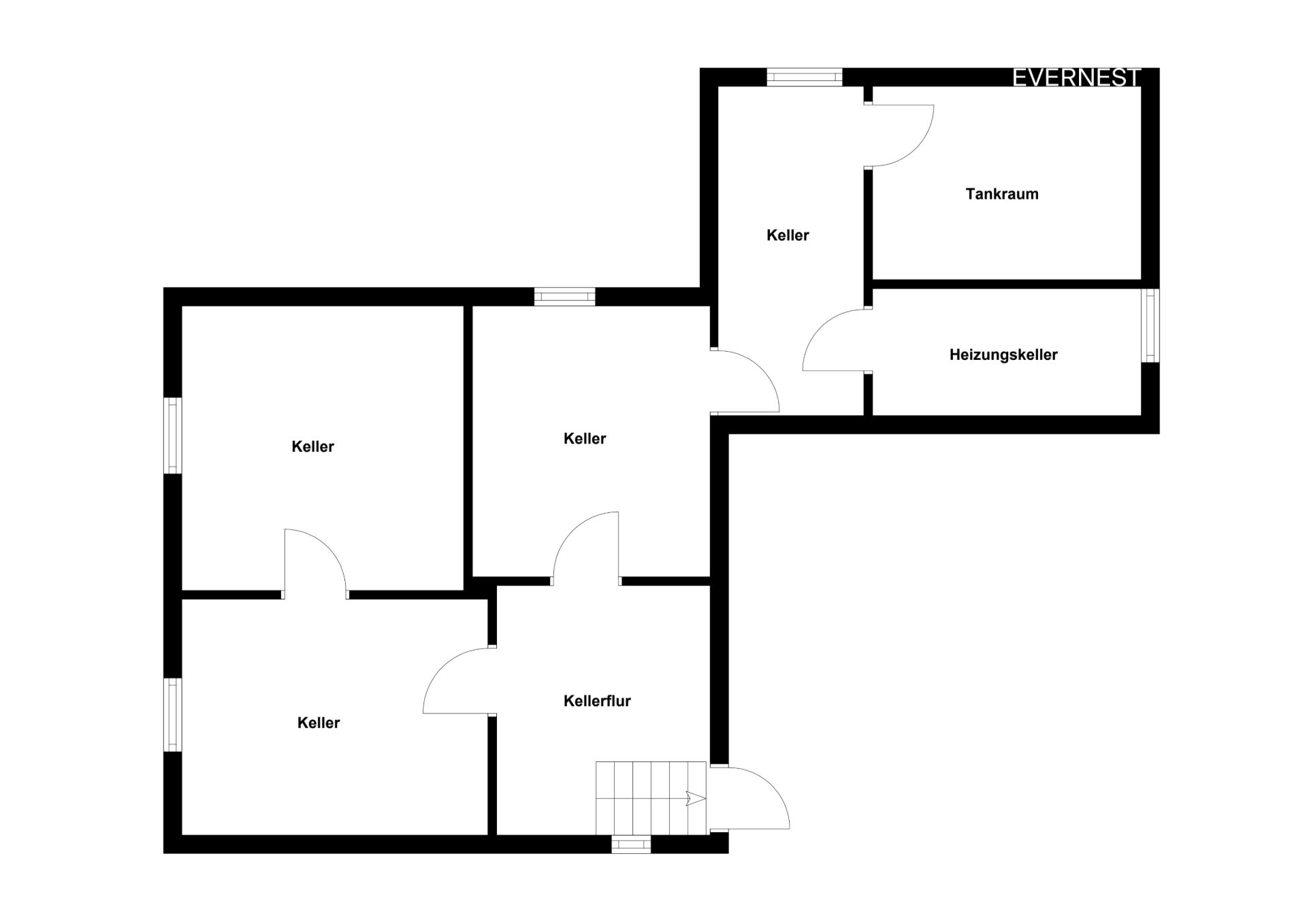 Grundriss eines Kellers mit mehreren Kellerräumen, Heizungsraum und Tankraum.