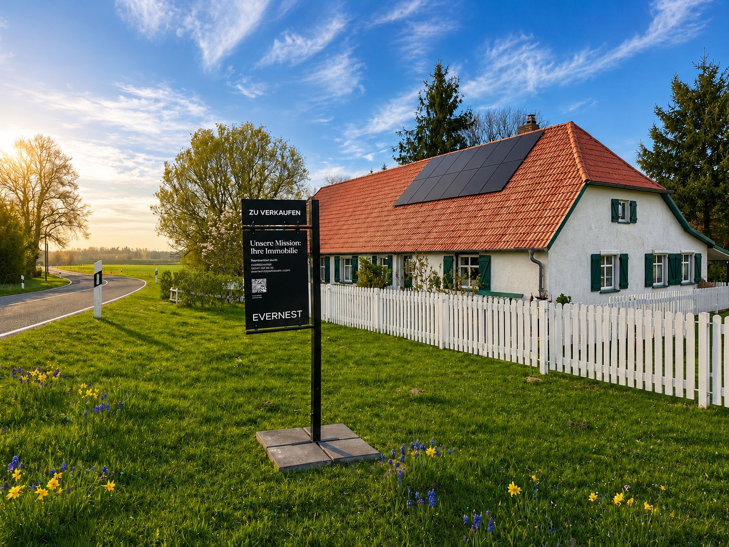 Weißes Haus mit rotem Dach, Solarpanels und Garten, umzäunt von einem weißen Zaun.