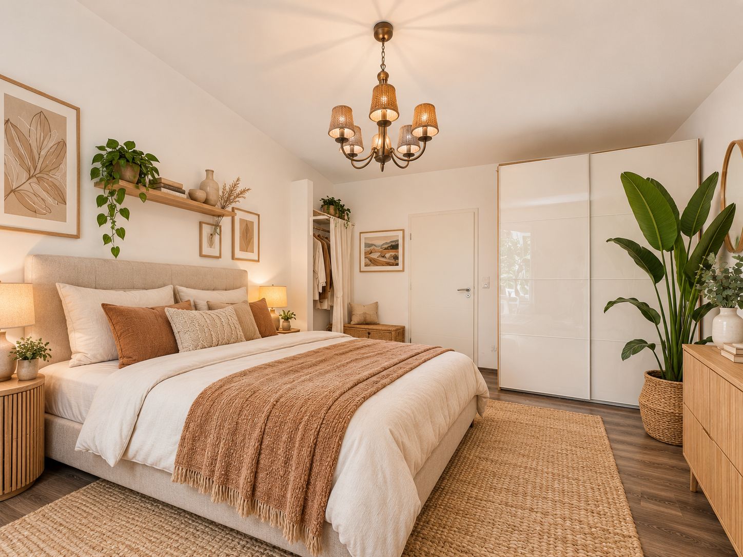 Helles Schlafzimmer mit großem Bett, Pflanzen, Teppich und Holzschränken.