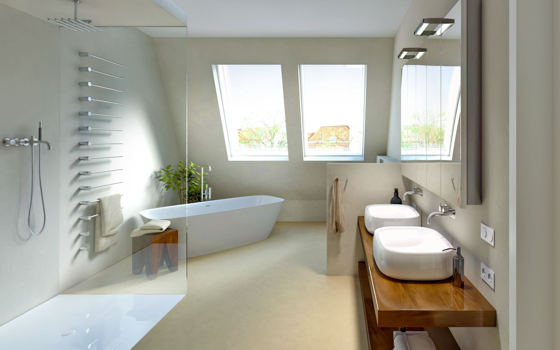 Modernes Badezimmer mit Badewanne, Dusche, zwei Waschbecken und zwei großen Fenstern.